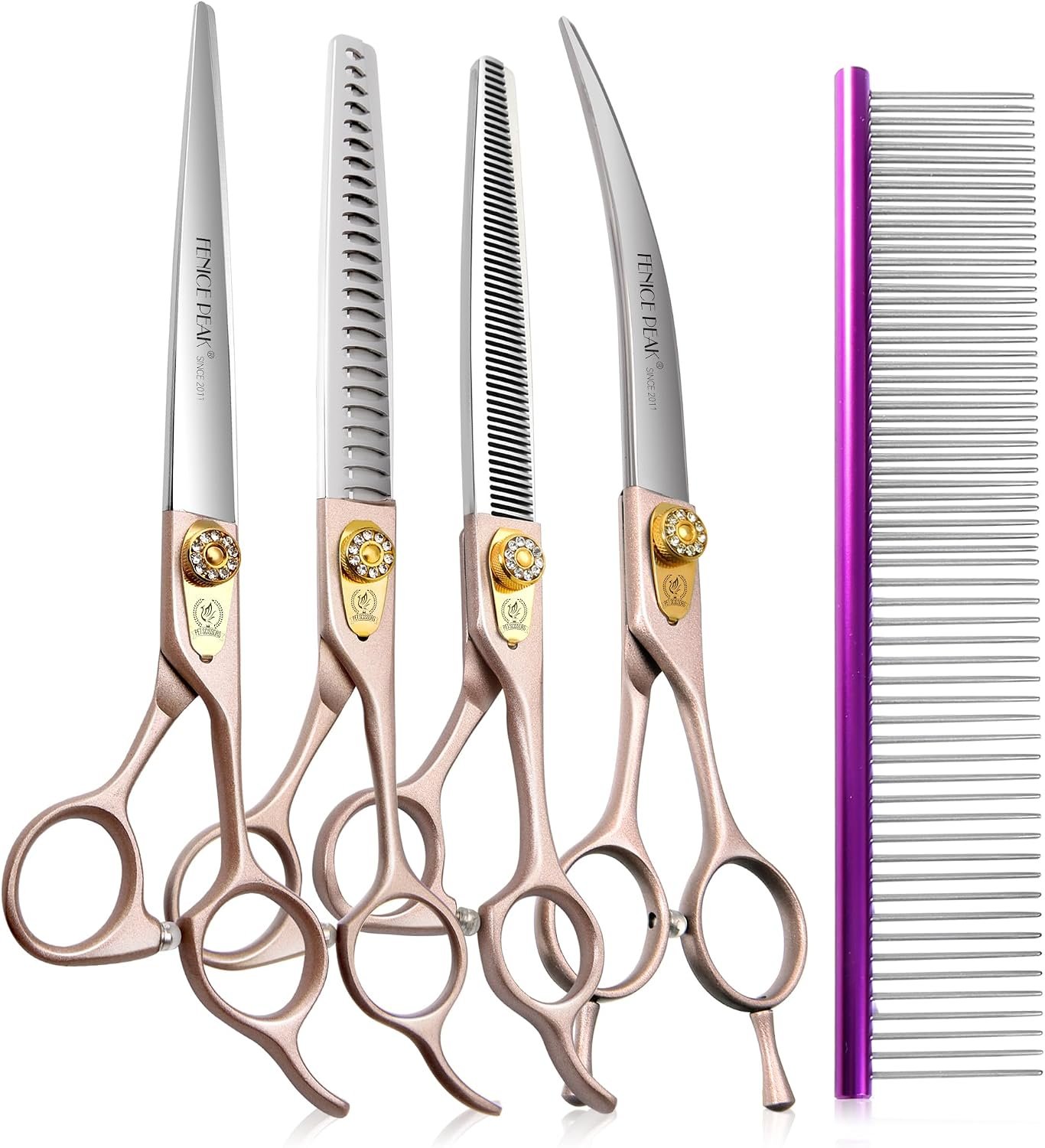 7” Professional Dog Grooming Scissors Set Rose Gold 440C Stainless Steel Straight Thinning Curved Chunker Shears 4pcs Set for Pet Grooming Services Dogs and Cats