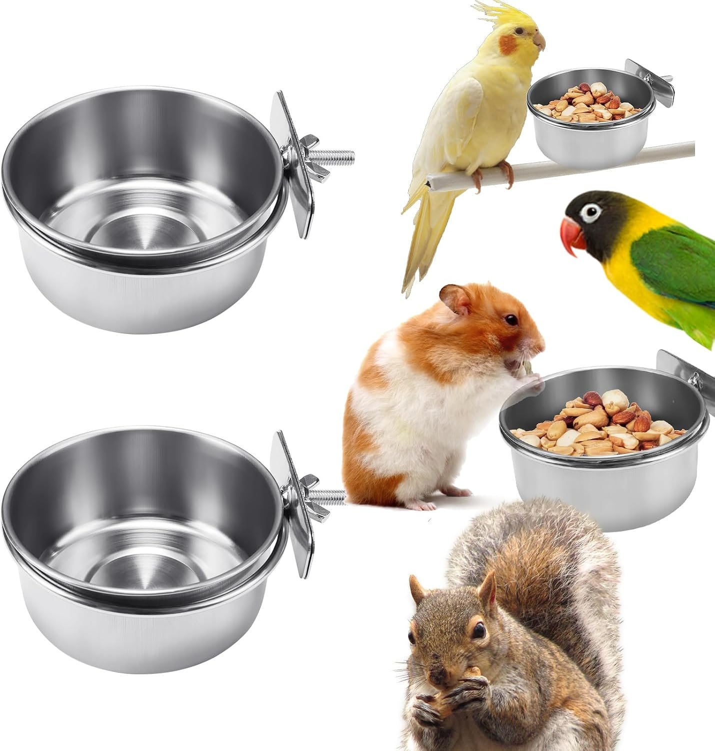 BCHARYA 2 Pack Stainless Steel Bird Food Bowls with Clamp – Rust Proof Metal Feeding Cups for Parrot Cage, Easy Clean Water Dish for Cockatiel Conure Budgie Parakeet Small Animal (3.9 Inch, Silver)