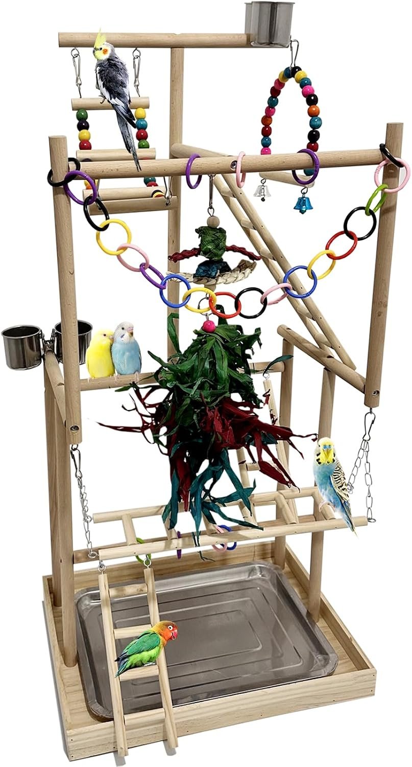 4-Tier Large Wooden Bird Playground with Trays Cups Ladder – Parrot Playstand, Birds Play Stand, Wood Perch Gym for Parrots Cockatiels – Durable Multi-Level Bird Activity Center
