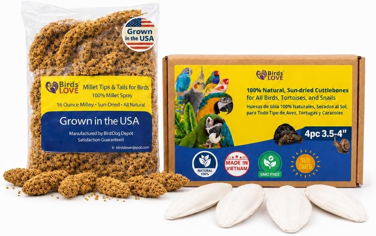 Farm to Feathers™ Bird Millet & Cuttlebone Bundle – USA Grown Millet Sprays for Parakeets, Budgies, Cockatiels, Finches & Canaries – 1 lb Tips & Tails Millet + 4” Cuttlebone (4 Pack)