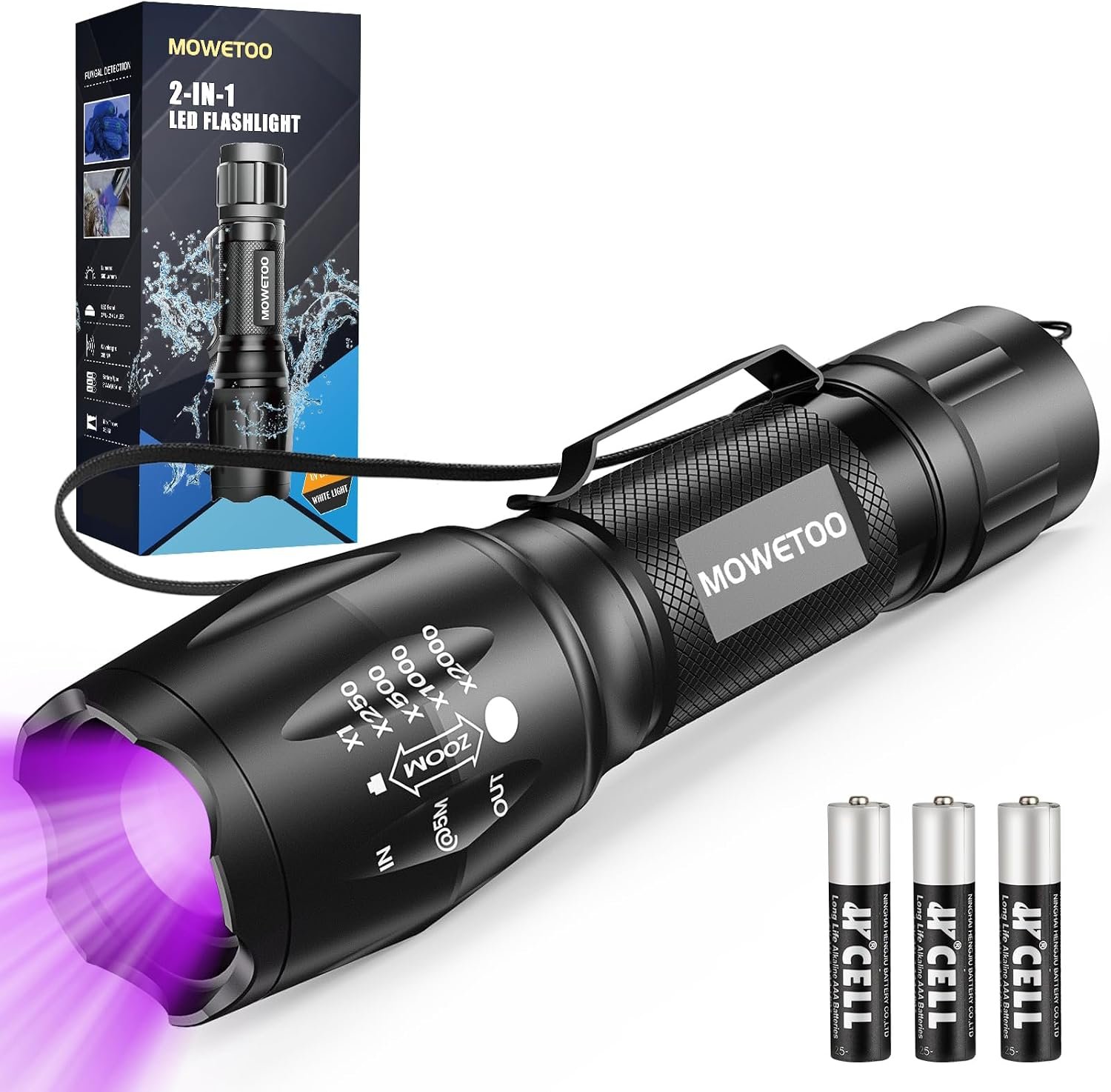 MOWETOO UV Flashlight with 395nm Black Light & White Light
