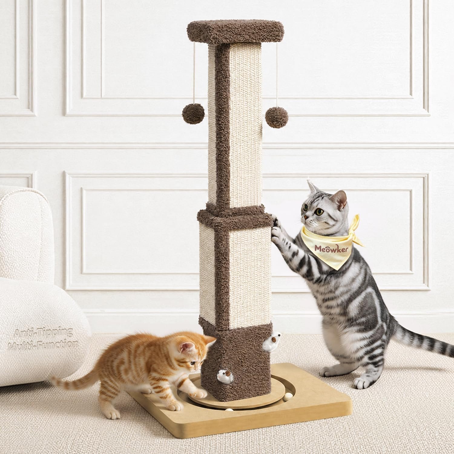 33.8″ Tall Sisal Vertical Cat Scratching Post for Indoor, Brown