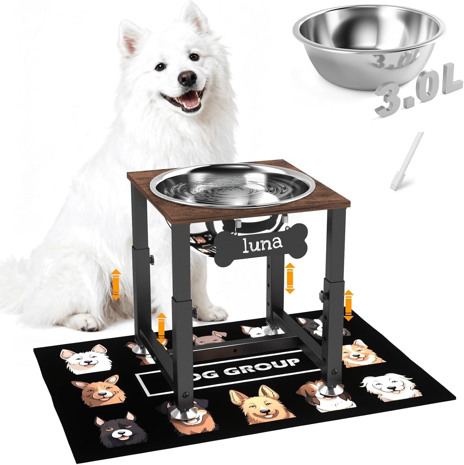 ADENGL 0.8 Gal Elevated Dog Water Bowl, 4-Height Adjustable Raised Water Feeder with Wooden Surface, Stainless Steel Bowl, Anti-Spill Mat & Sturdy Metal Stand, Easy to Clean for Indoor Outdoor Use