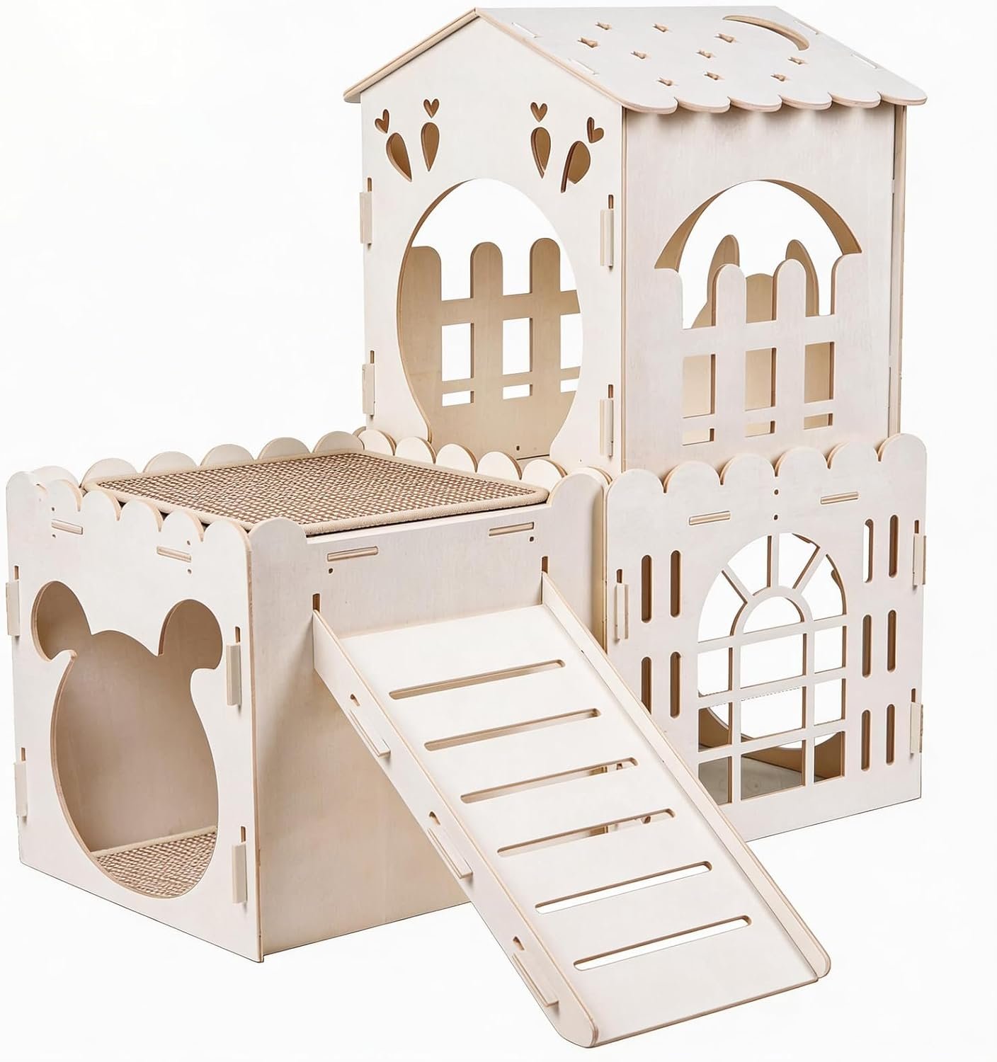 Large Rabbit House with 2PCS Rabbit Scratch Mat, Wooden Bunny Castle with 3 Houses Indoor, Guinea Pig Cage Multistory Climbing Tower Sturdy Wooden Castle, Small Animal Hideaway Tunnel