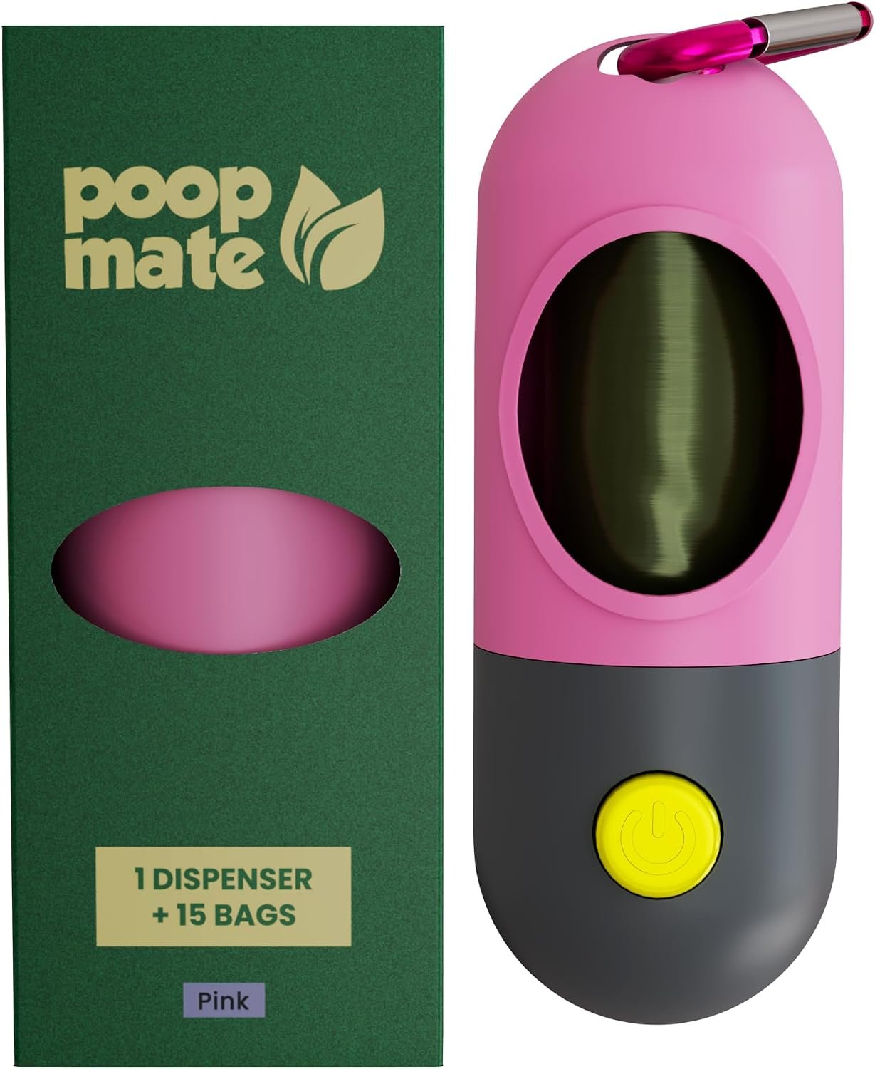 Dog Poop Bag Dispenser with LED Flashlight for Night Walks – Leash Clip & Metal Carabiner – Pet Waste Bag Holder Includes 1 Roll (15 Dog Poop Bags) – Durable, Portable – Pink