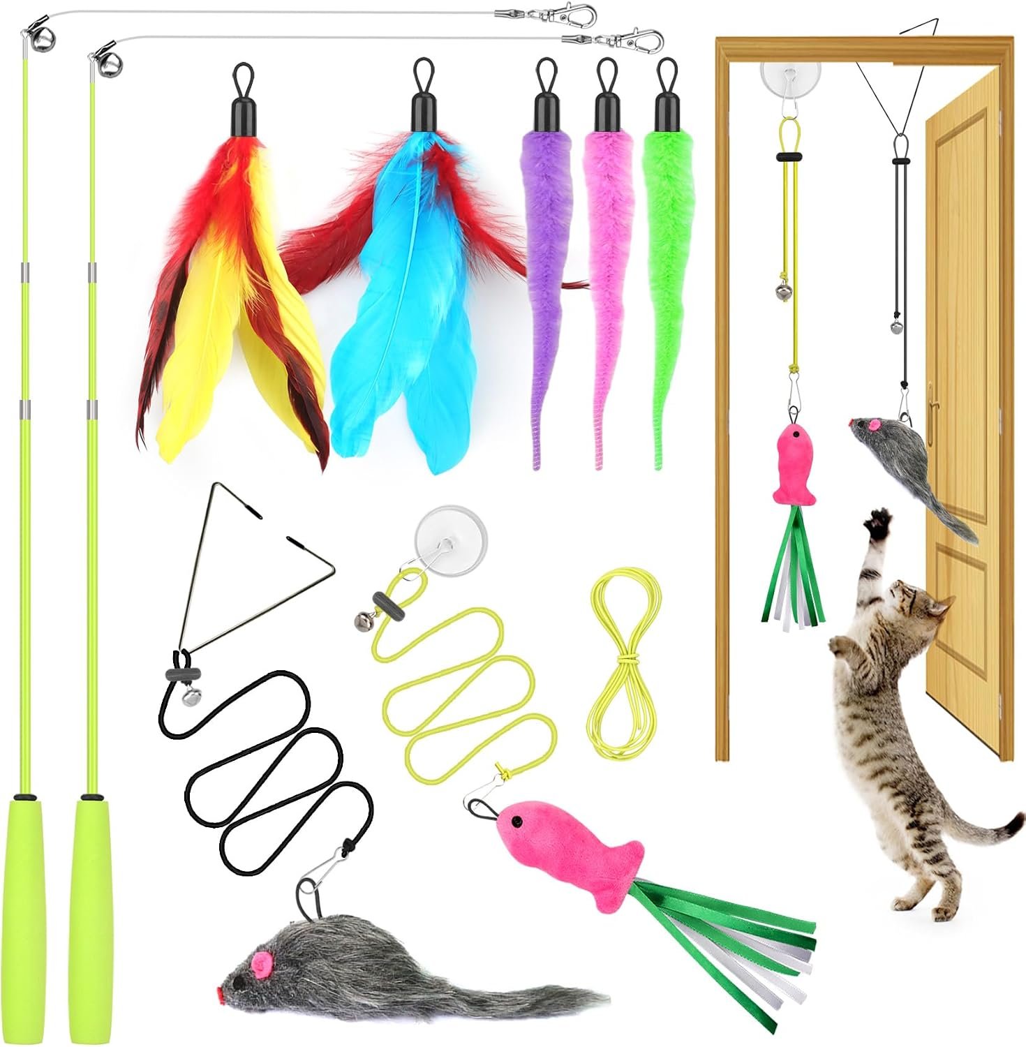 ChicWow Interactive Retractable Cat Wand & Hanging Toys for Cats – 2 Wands, 2 Hanging, 7 Teaser Cat Toys for Indoor Adult Cats Kitten, Includes Feather, Mouse, Fish, Worm, 1 Spare Elastic Rope