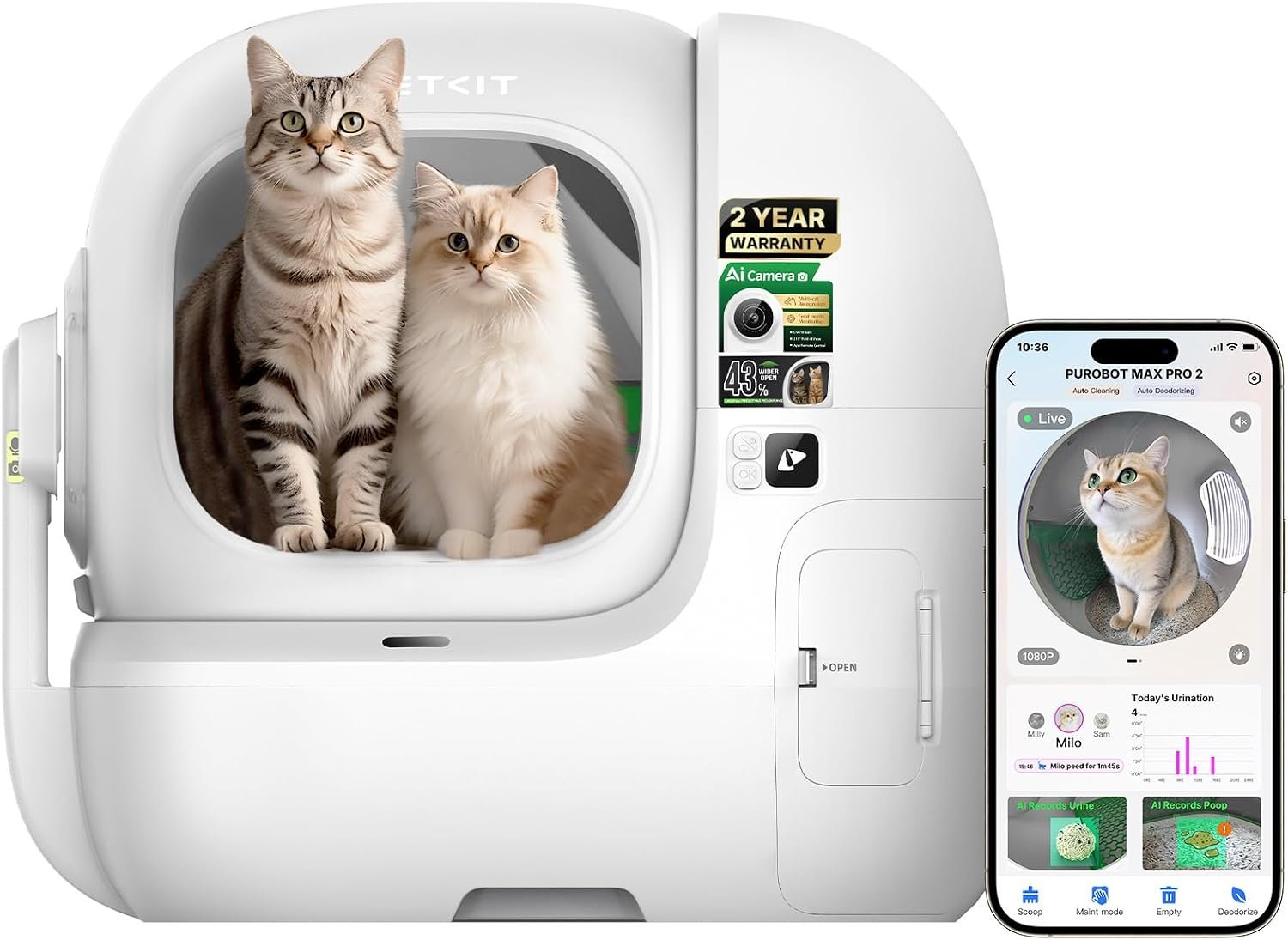 PETKIT Purobot Max Pro 2 AI-Camera Self Cleaning Cat Litter Box Odor-Free