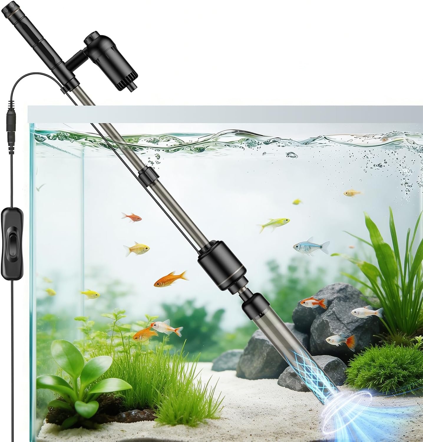 AKKEE Aquarium Vacuum Gravel Cleaner, 18W Electric Fish Tank Cleaner Vacuum, 6 in 1 Multifunctional Aquarium Cleaner for Automatic Water Change, Wash Sand, Water Circulation and Timed Off