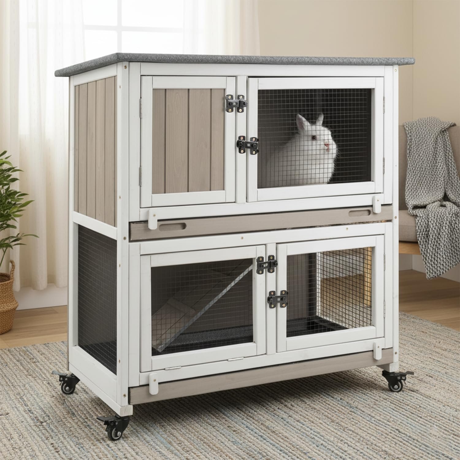 2-Story Rabbit Hutch Indoor Outdoor, 36″ Wooden Guinea Pig Cage, 4 Lockable Wheels, Waterproof Slanted Roof, Ramp, 2 Deep Pull-Out Leakproof Trays, Easy Clean, for Bunny, Small Pet