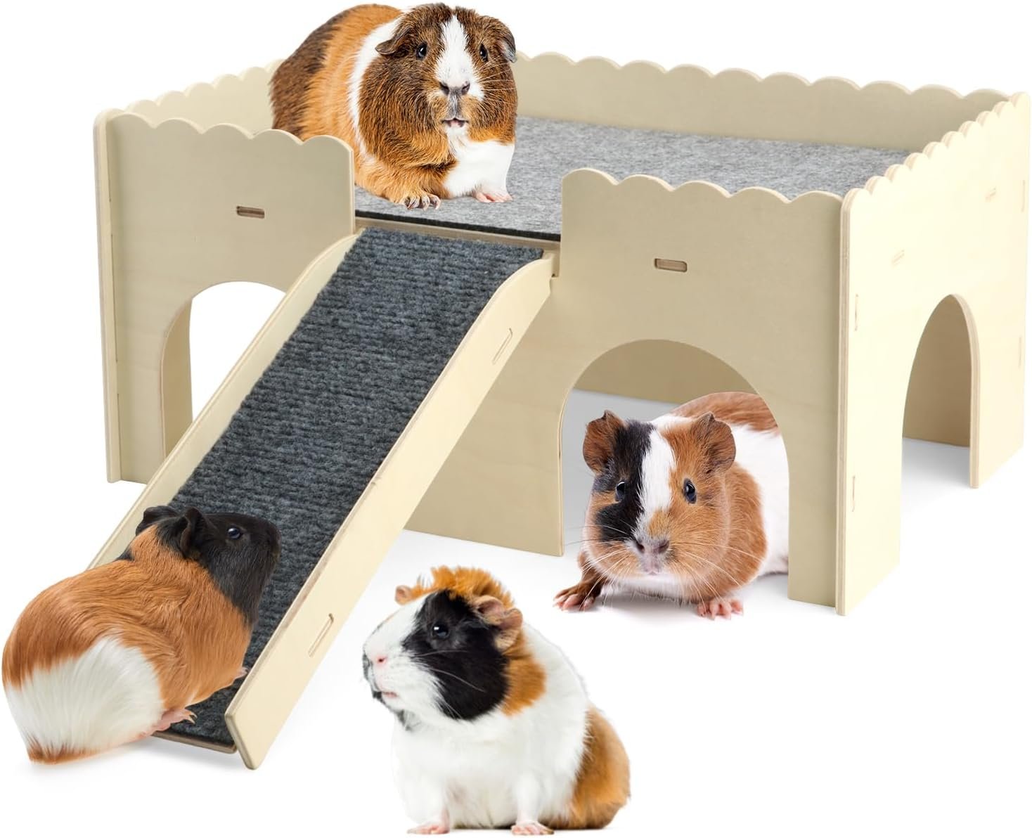 Upgraded Large Wooden Guinea Pig House Castle with Ramp and Fleece Mat