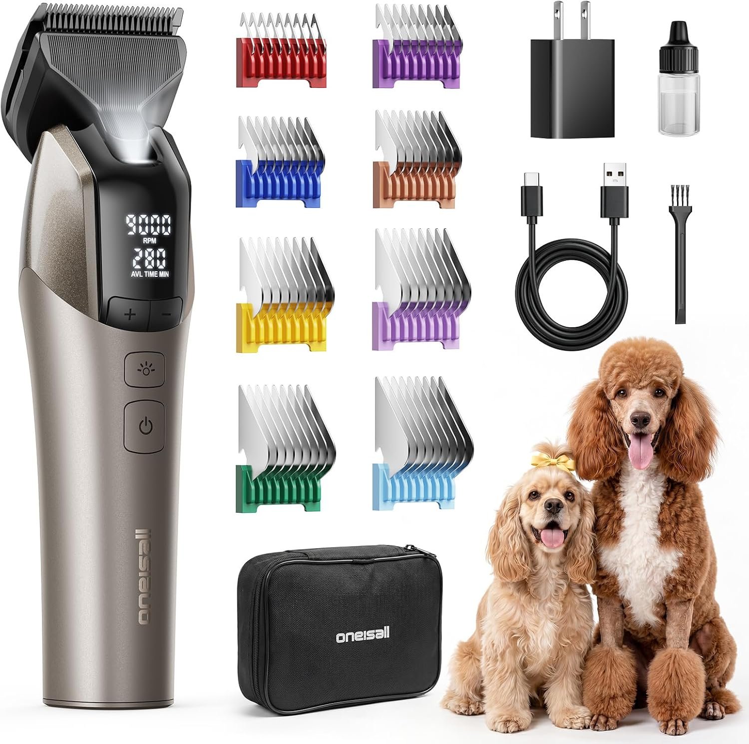 oneisall Professional Dog Clippers for Grooming Thick Hair, 9000RPM 5 Speed