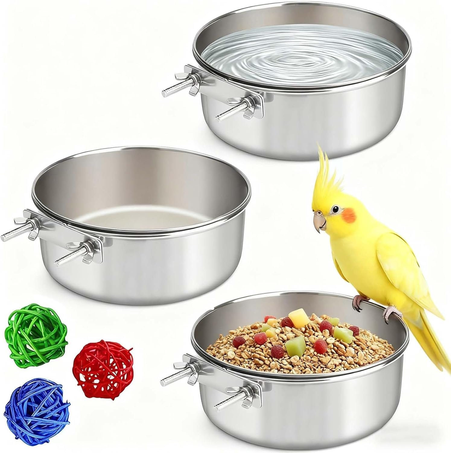 3 Pcs Stainless Steel Bird Food Water Bowls, Parrot Feeding Dish Cups with Clamp Holder Bird Ball Toys for Chinchilla, Cockatiel, Conure, Budgies, Parakeet, Lovebirds, Small Animals (Small)