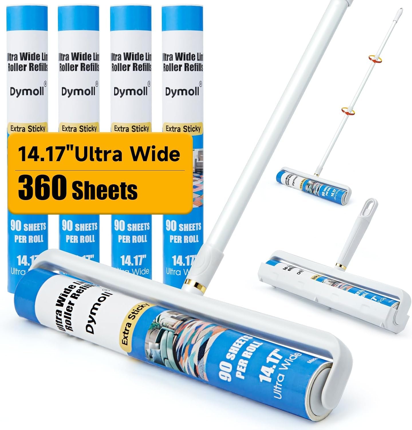 Dymoll 14.17″ Large Lint Rollers for Pet Hair Extra Sticky, 360 Sheets Roller with Long Handle for Cleaning Carpets, Clothing, Couch, Furniture Wall Cleaner Mop Dust Remover