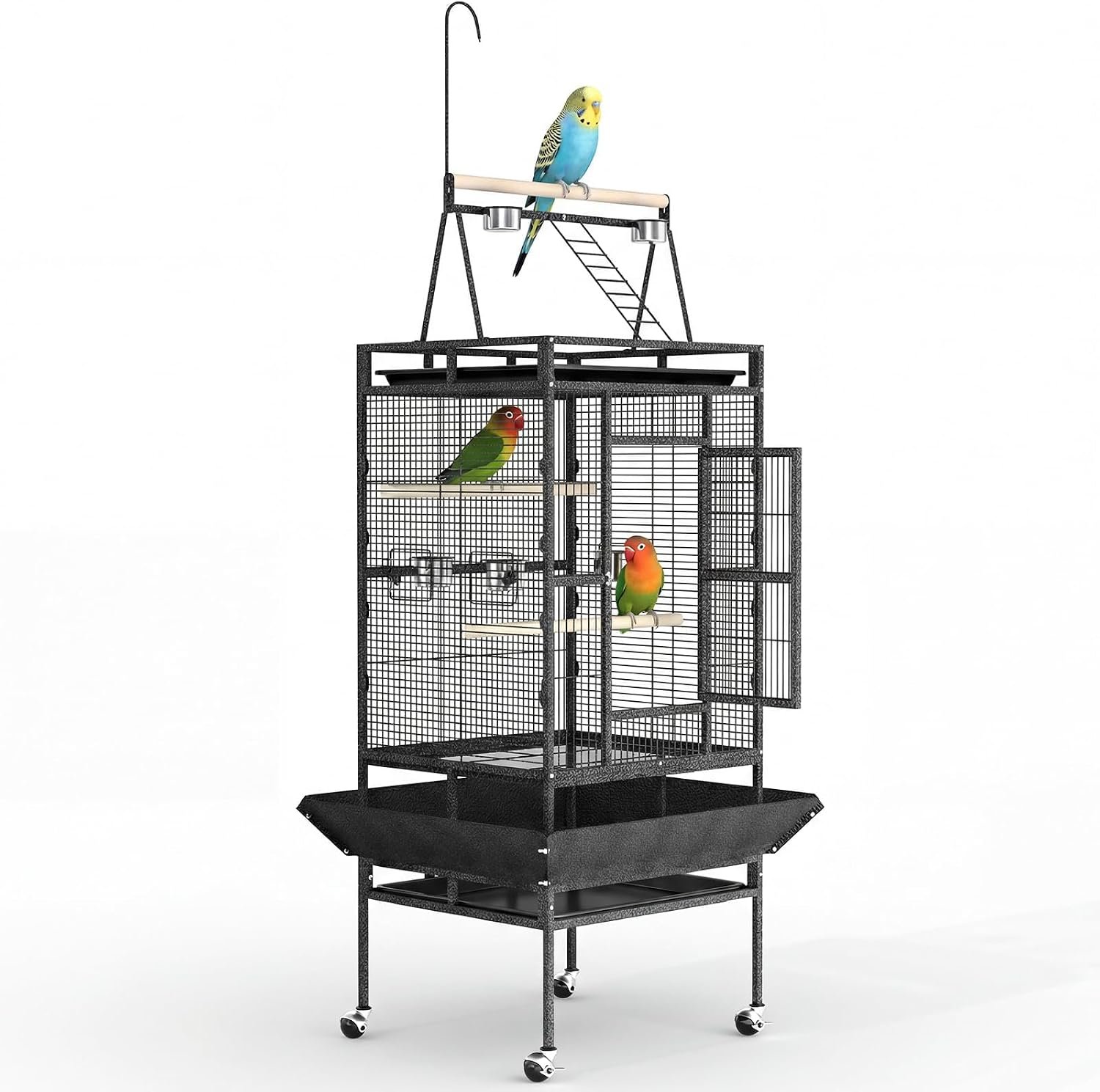Extra Large 82-Inch Parrot Cage with Play Top – Heavy Duty Wrought Iron Flight Birdcage – Rolling Stand, Spacious Design, Rope Perch, Removable Tray, Powder-Coated Speckled Black