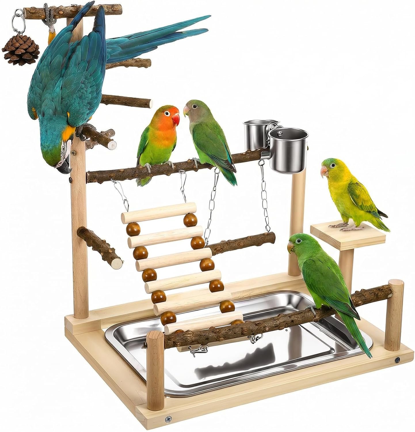 Bird Playground, Natural Wooden Parrot Playstand, Parakeet Playground with Stainless Steel Feeding Cups, Swing, Removable Tray, and Other Cage Accessories, Ideal for Conures, Cockatiels, Parakeets
