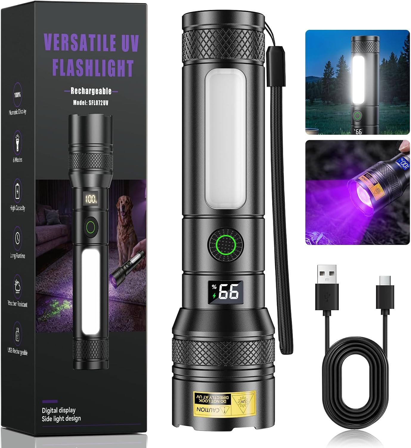 Black Light Flashlight Rechargeable, 395nm UV Flashlight, UV & White Light