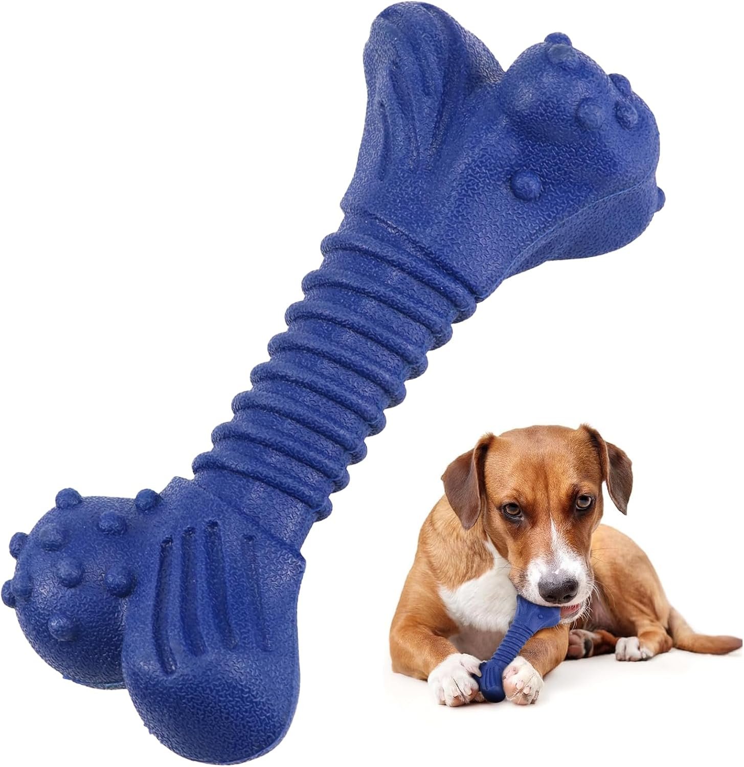 Dog Toys for Aggressive Chewers, Indestructible Chew Toys for Medium Large Dogs,Durable Rubber Dog Bones with Beef Flavor, Tough Dental Toy for Boredom Relief (Blue)