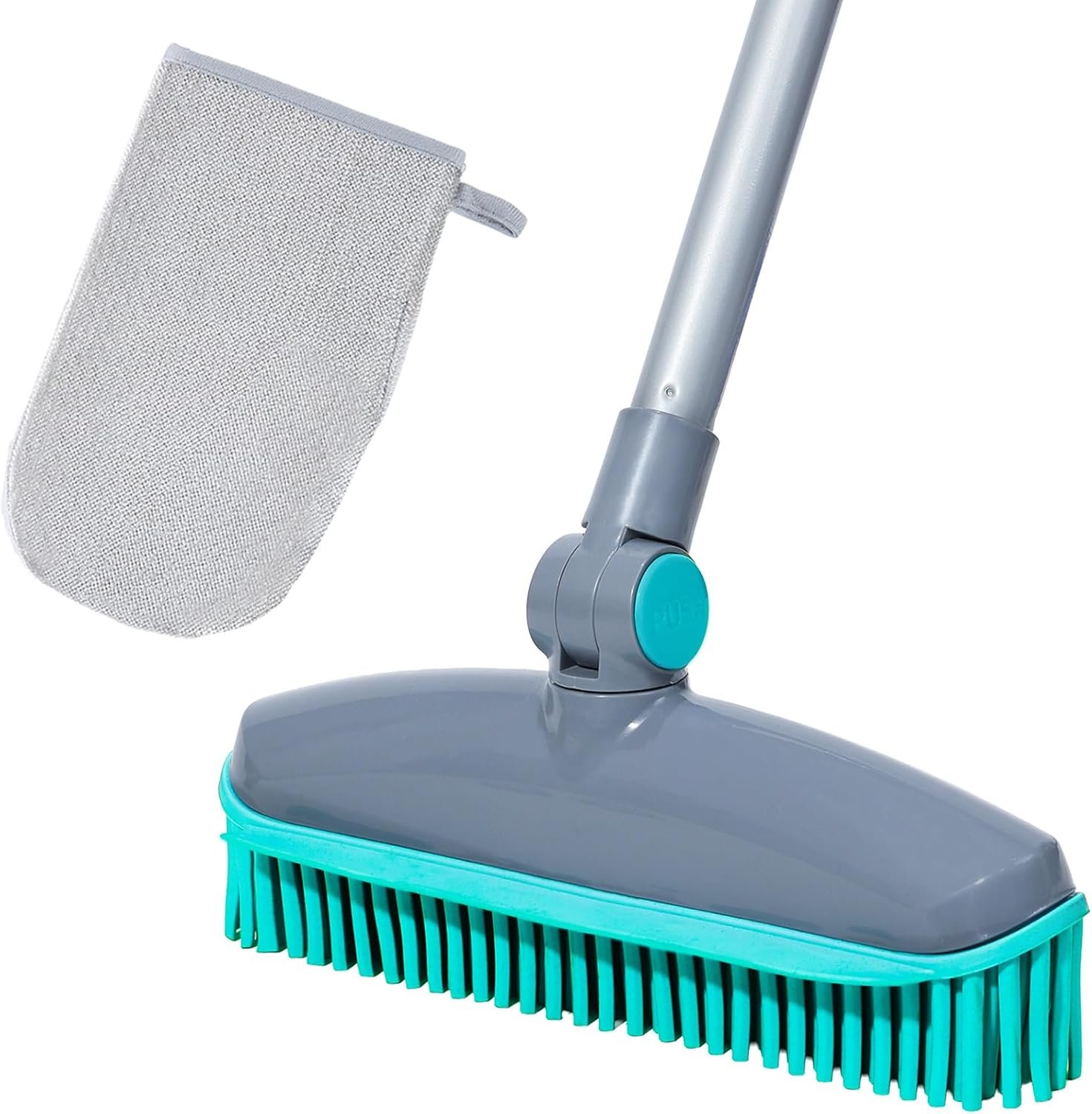 180°Rotating Head Rubber Broom with Squeegee for Pet Hair Removal – 51″ Iron Handle Fur Remover Rake Brush for Carpet, Hardwood & Tile Floors, Includes Pet Hair Removal Gloves (Blue)