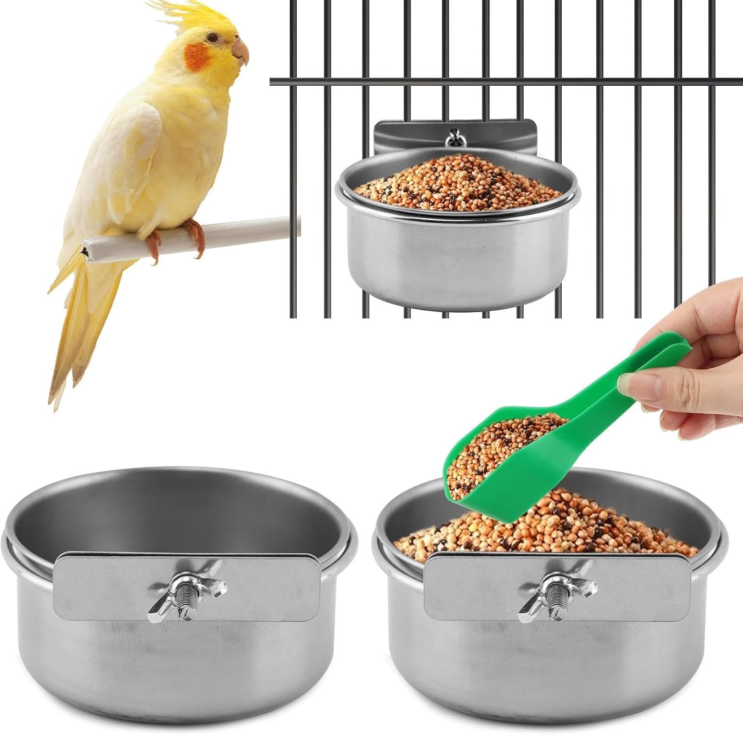 2Pcs Bird Feeding Dish Cups with Feeding Spoon,Cage with Clamp Holder