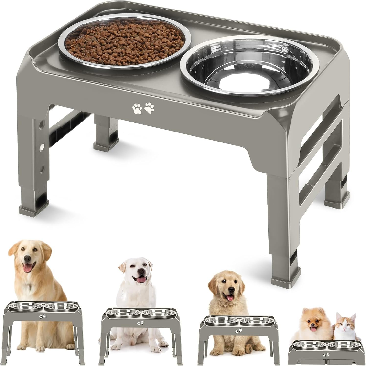 Elevated Bowls, 4 Height Adjustable Raised Stand With 2 Thick 50oz Stainless Steel Food Bowls, Non-Slip Feeder for Dogs, Adjusts to 3.7″, 9.2″, 10.75″, 12.36″ Light Brownish Gray