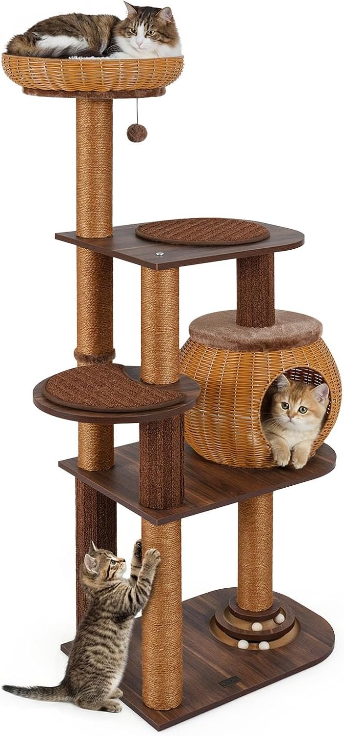 PETSITE 59.5-inch Tall Rattan Cat Tree, Multi-Level Modern Wooden Cat Tower