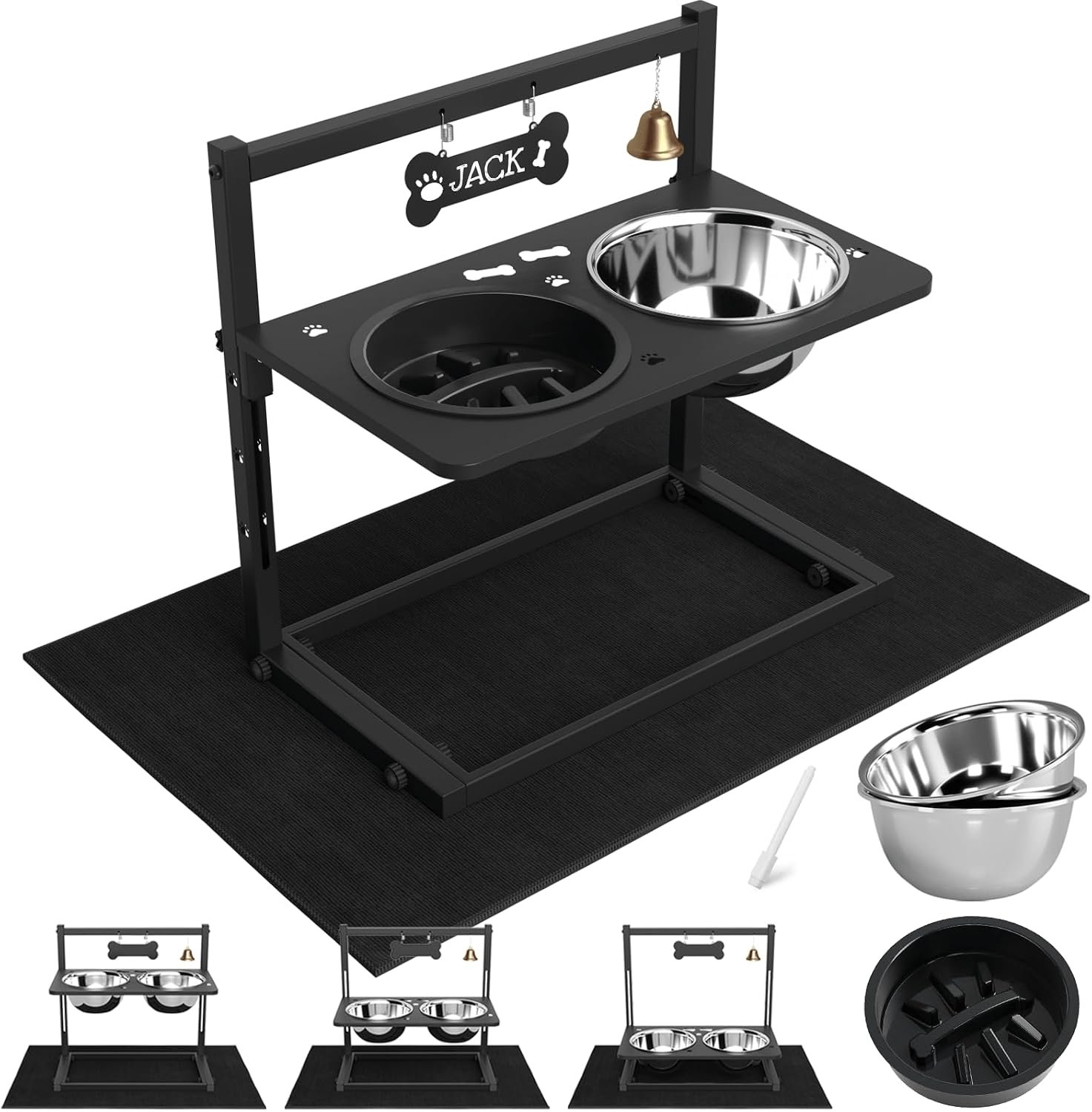 Elevated Dog Bowls with Slow Feeder and Spill Proof Mat, Adjustable Height 4.3-11.8”, Two 1.7L Stainless Steel Food & Water Bowls, Metal Raised Dog Bowl Stand, for Large Medium Breeds