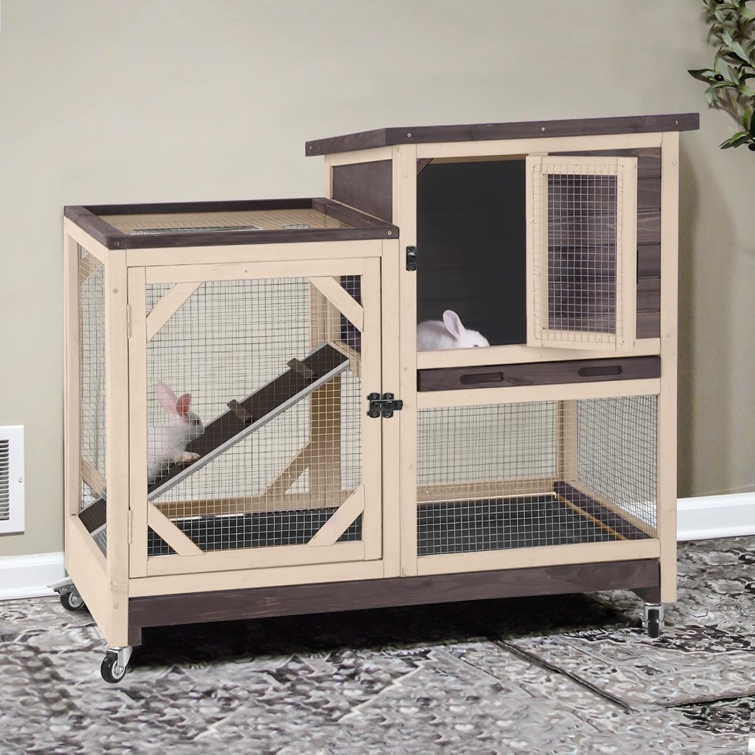 GUTINNEEN 2-Story Rabbit Hutch with Chew-Proof Ramp & Pull-Out Trays – Indoor/Outdoor 39.3″ Wooden Rabbit Cage on Wheels for Rabbits, Guinea Pigs (Dark Brown)