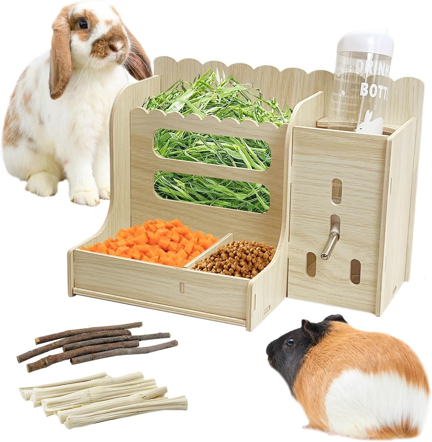 Hamiledyi Rabbit Hay Feeder Guinea Pig Food Holder Bunny Wooden Food Bin Feeder with Water Bottle Small Animals Hay Manger Wood Food Bowls for Guinea Pigs Rabbits Chinchillas Bunnies