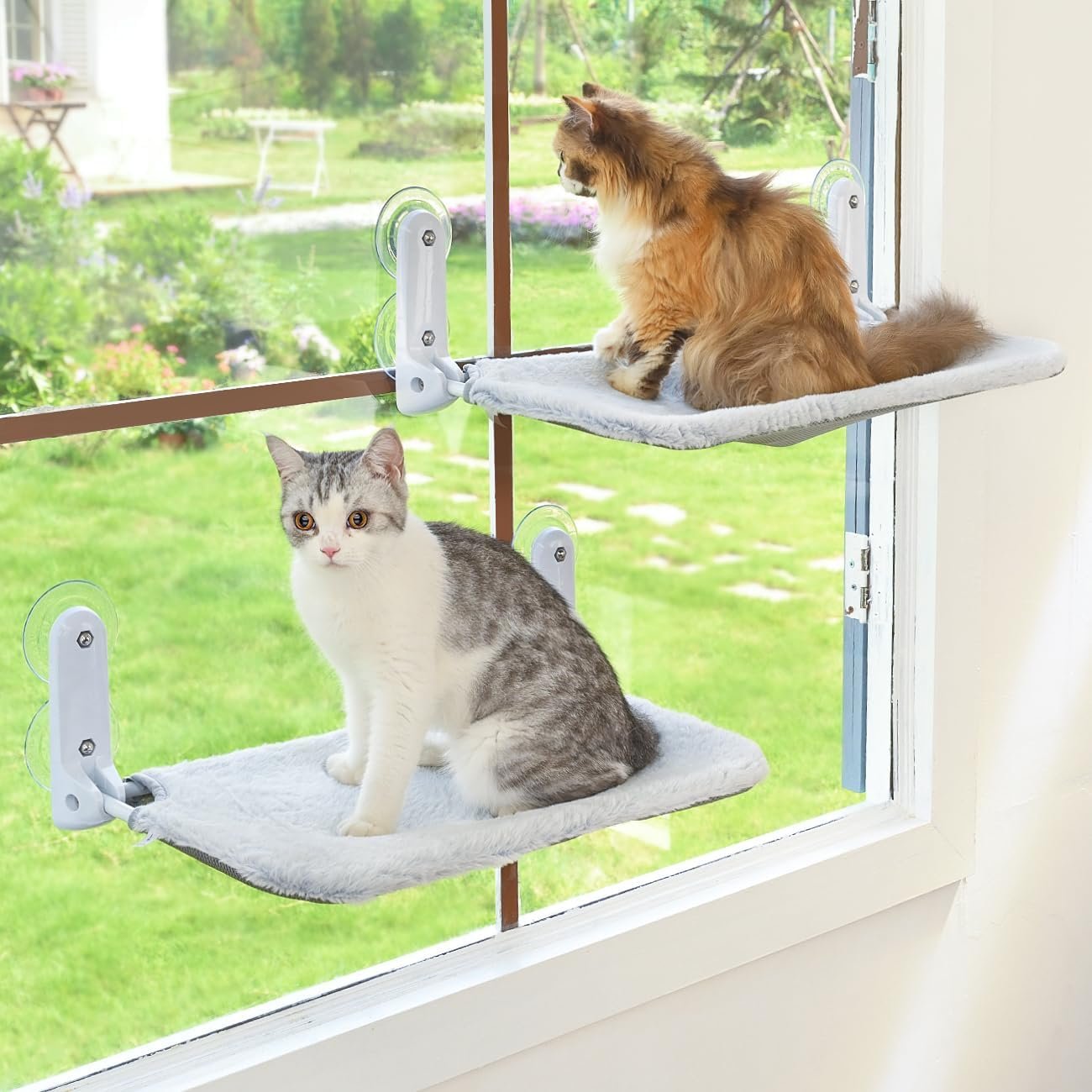 Zoratoo 2PC Cat Window Perch, Foldable & Cordless with Metal Frame, L Gray