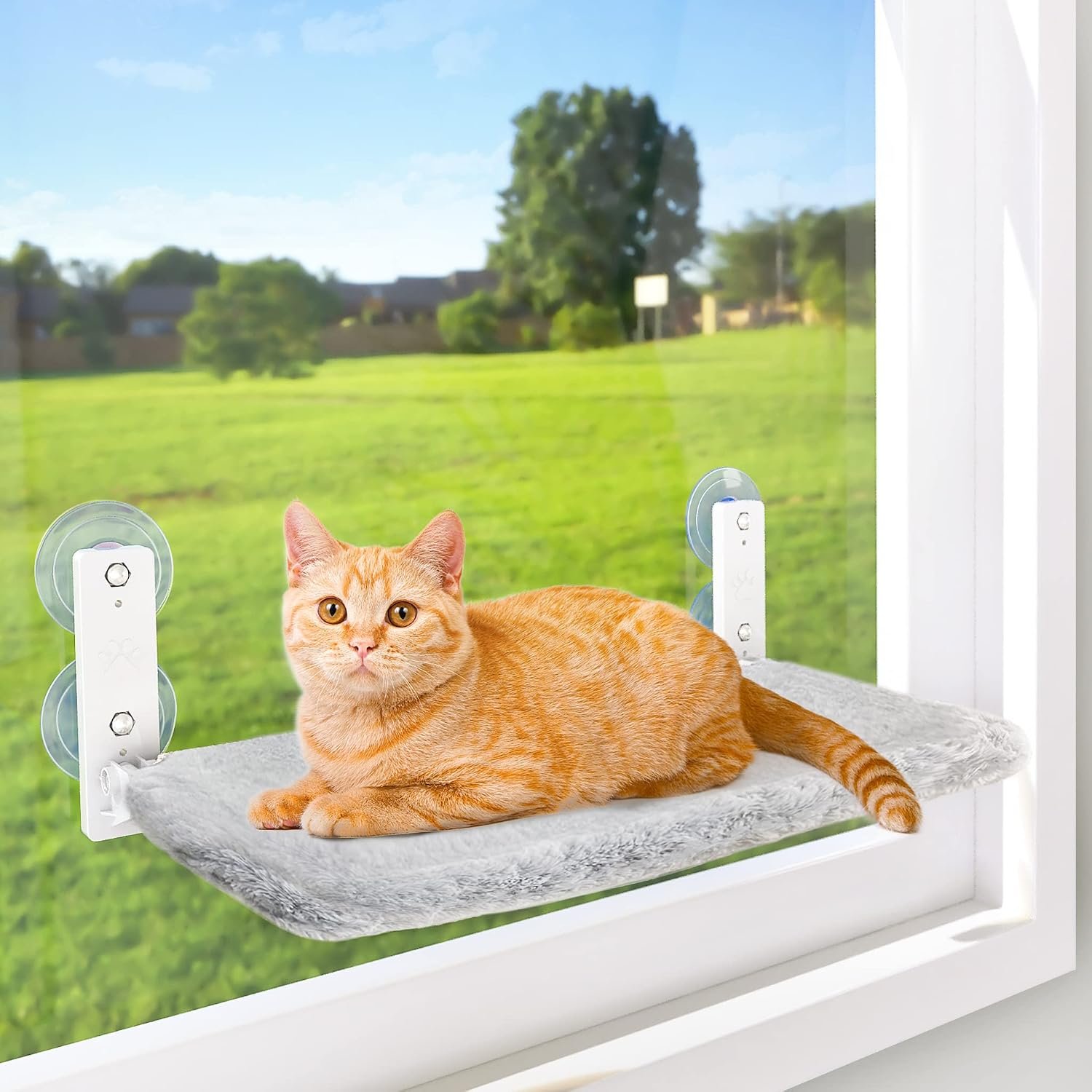 AMOSIJOY Foldable Cat Window Perch with Metal Frame, L Gray