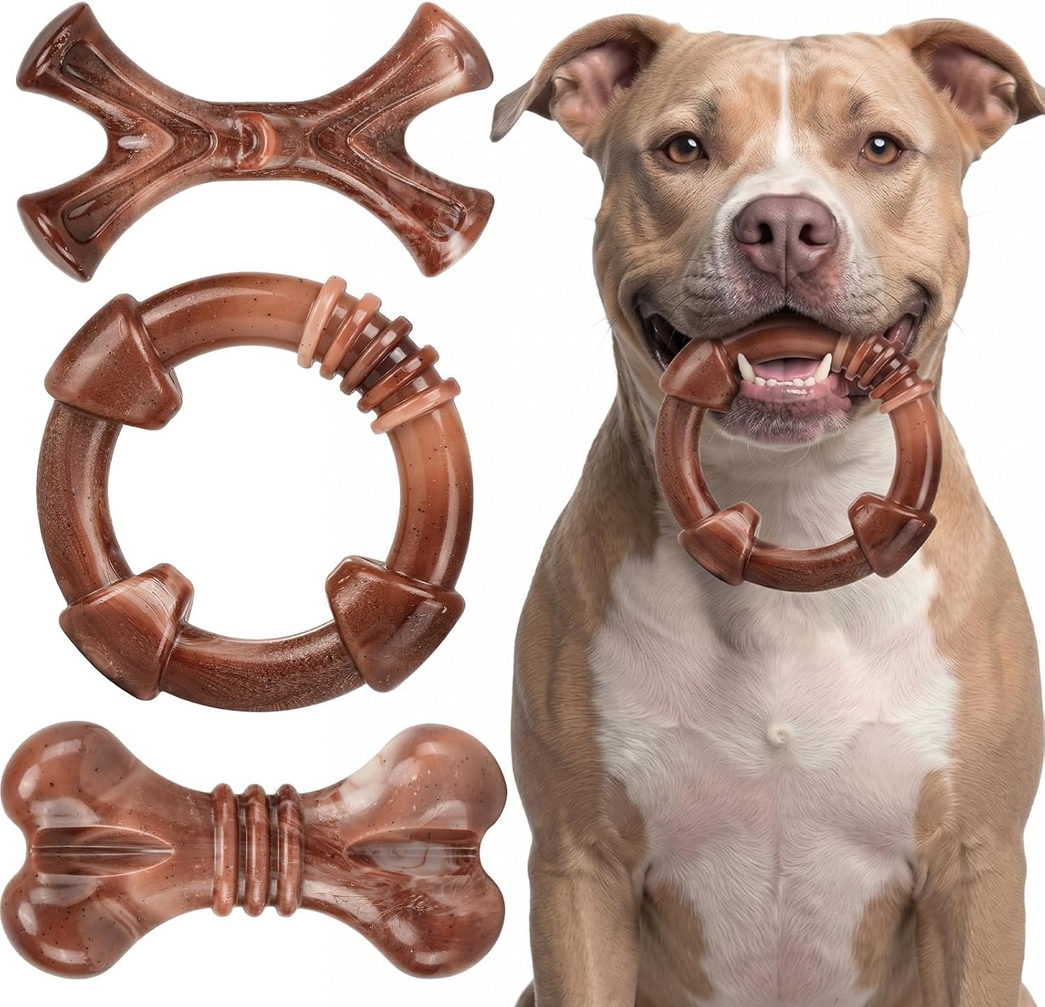 3-Pack Tough Dog Chew Toys for Aggressive Chewers, 25-65 lbs, Brown