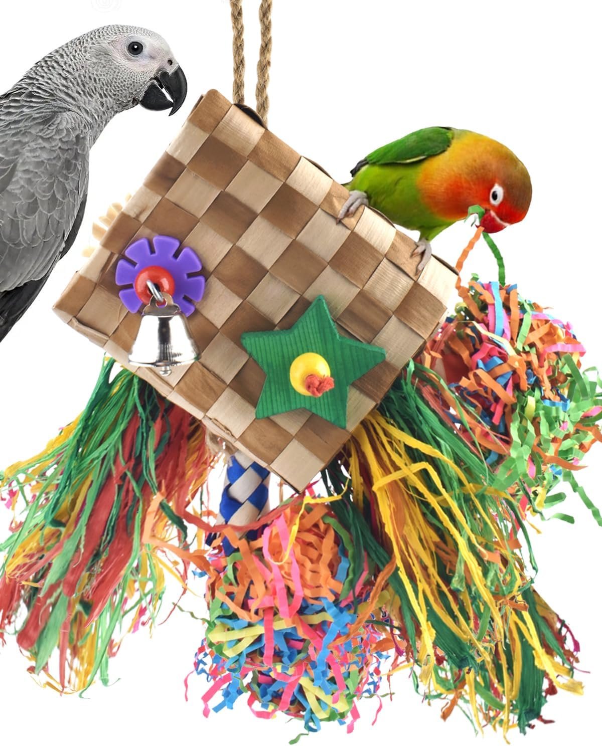 Bissap Bird Chew Toys, Parrot Foraging Shredder Natural Palm Frond Hanging Cage Toy for Conure Lovebird Budgie Cockatiel African Gray Cockatoos Amazon and Similar Sized Pet Birds – Flat Square