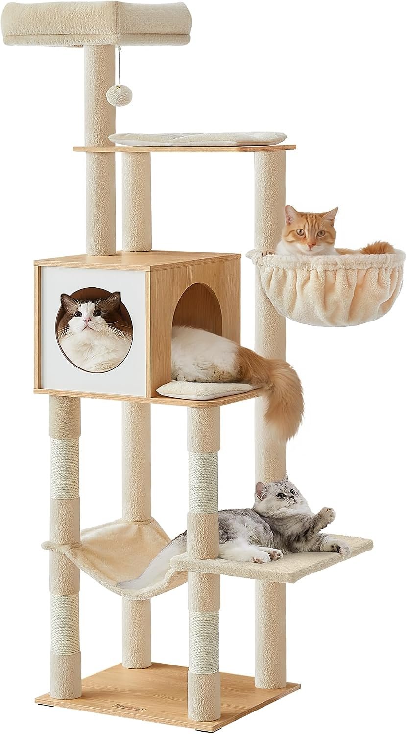 Feandrea Cat Tree, 65-Inch Tall Cat Tower, Multi-Level Condo with Cave