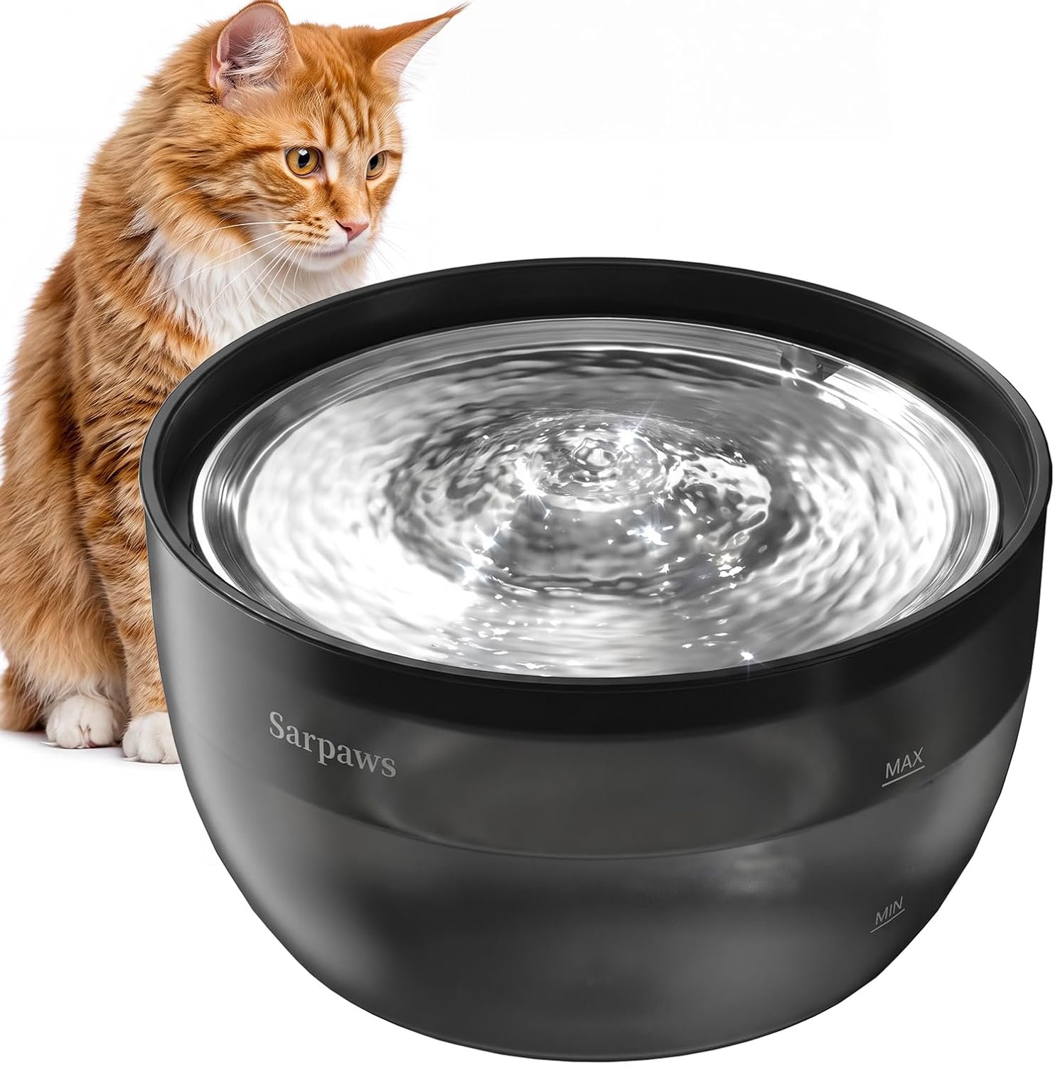 SARPAWS Cat Water Fountain Stainless Steel, 101oz/3L Automatic Pet Water Dispenser, Ultra-Quiet Pump ≤30dB, 4-Layer Filtration System, Translucent Tank, Drinking Fountain for Cats and Small Dogs