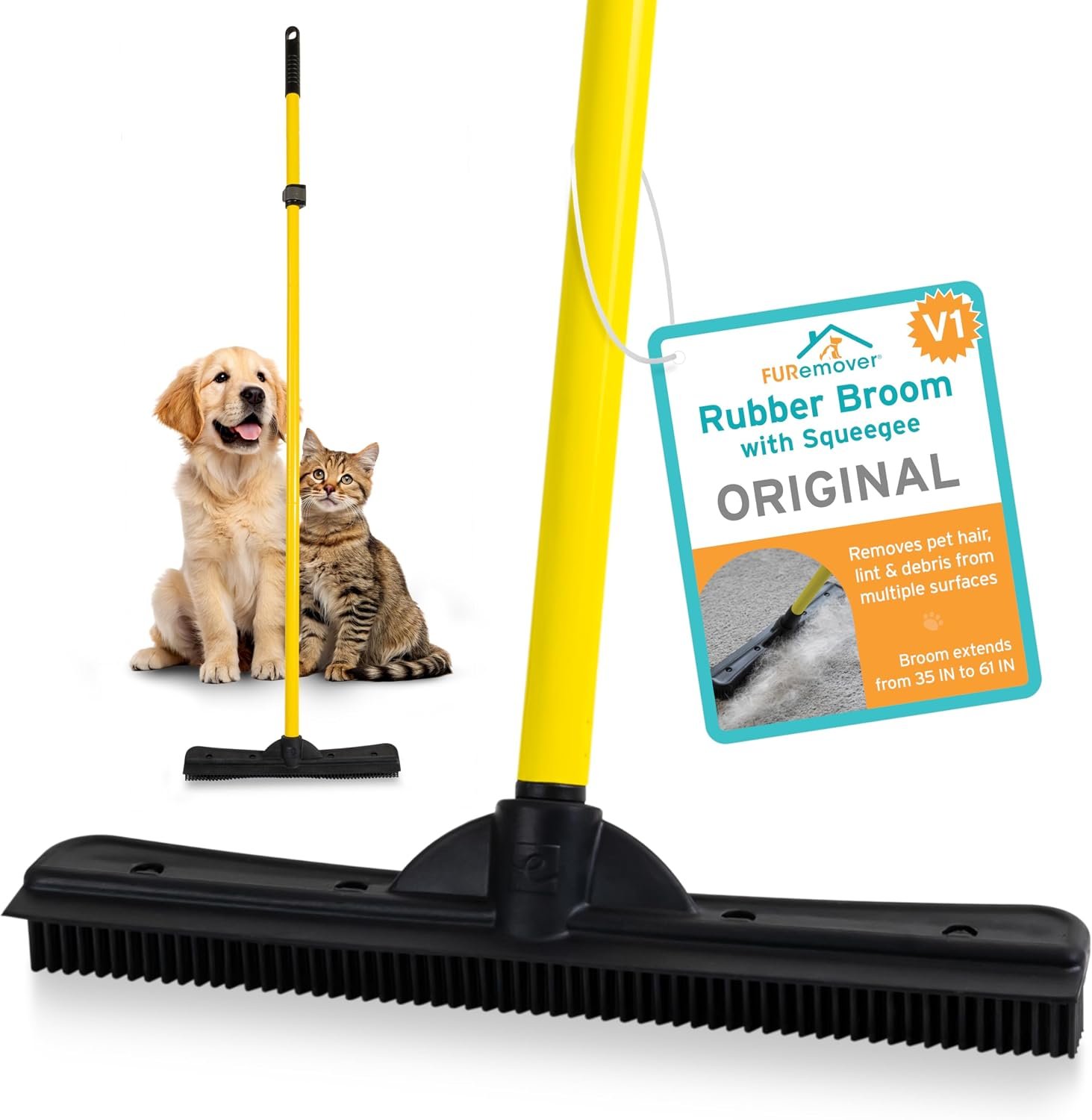 FURemover Pet Hair Removal Rubber Broom, 61″ Telescopic Handle