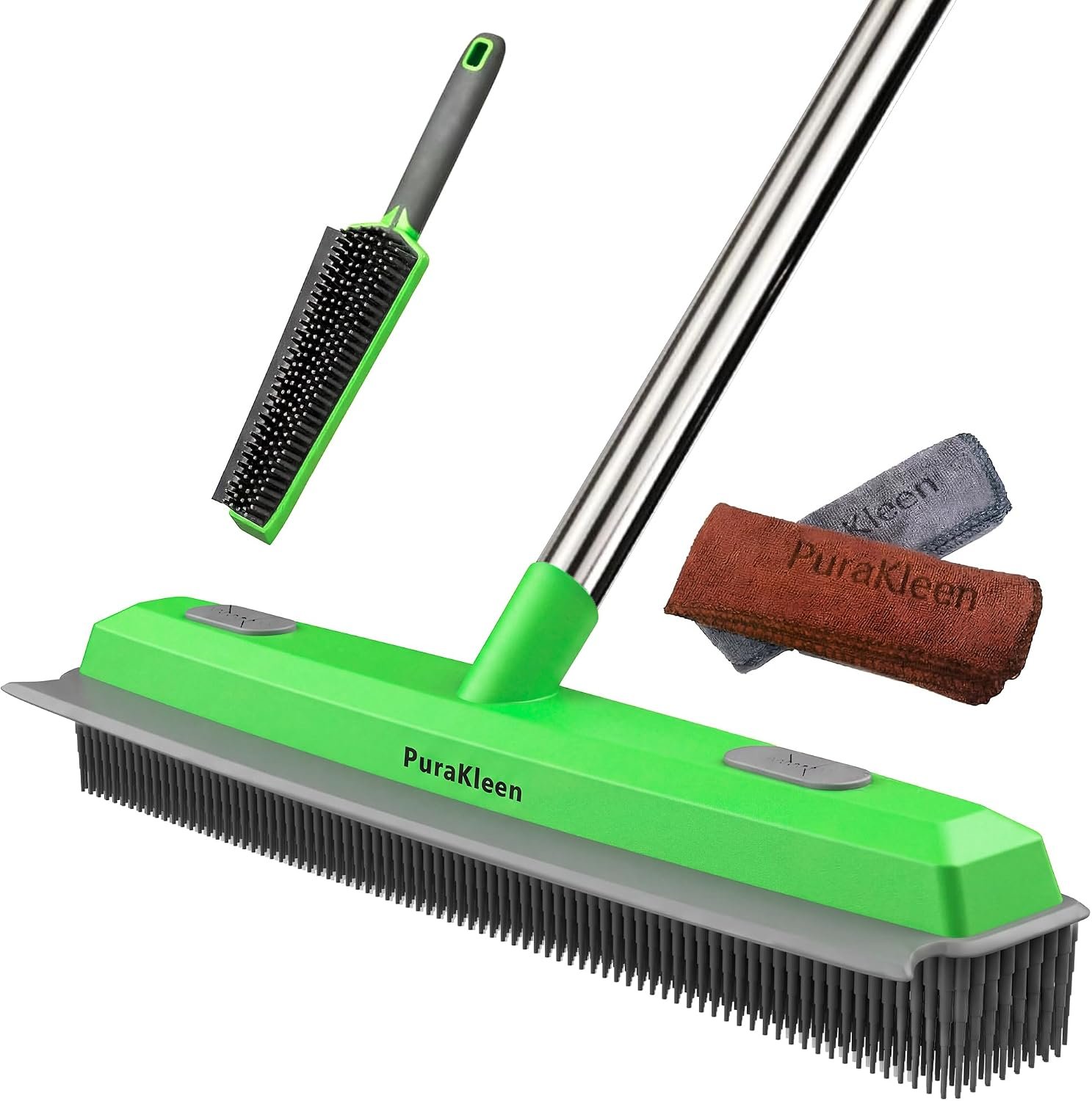 Rubber Broom for Pet Hair —Gets What Your Vacuum Misses,Non-Scratch Carpet Rake 24 “-61 “Adjustable Handle,4-in-1 (Squeegee+Pet Brush+2 Microfiber Cloth),Stairs,Corners, Rugs,Hardwood Green