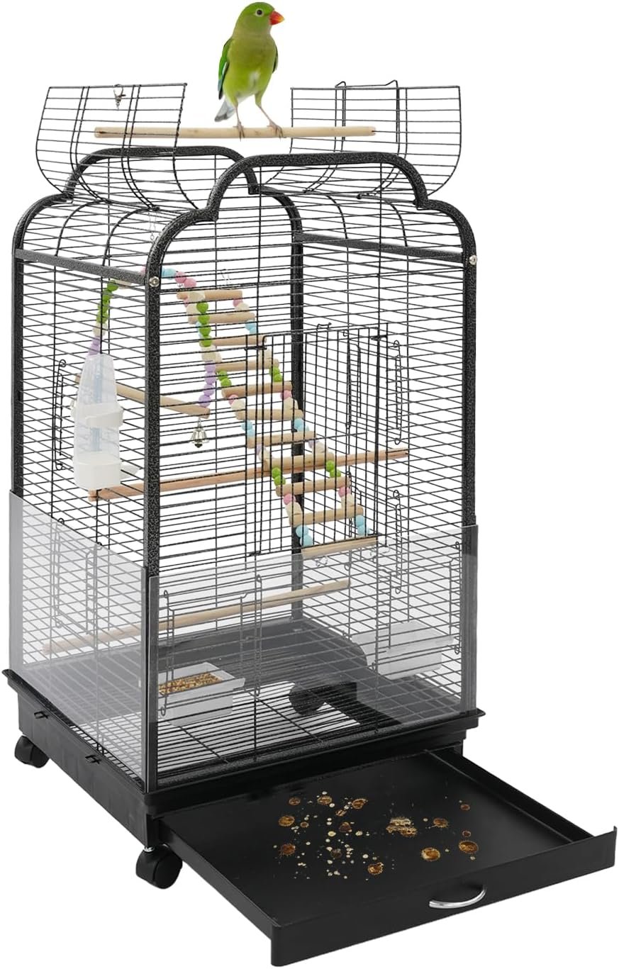 Bird Cage with Dual-Opening Roof, 37 Inch Mdedium Birdcage Set with Pull-Out Tray, Rolling Bird Cages with Wheels for Parakeets, Parrot, Cockatiel, Pigeon, Finch Cage for Birds(Black)