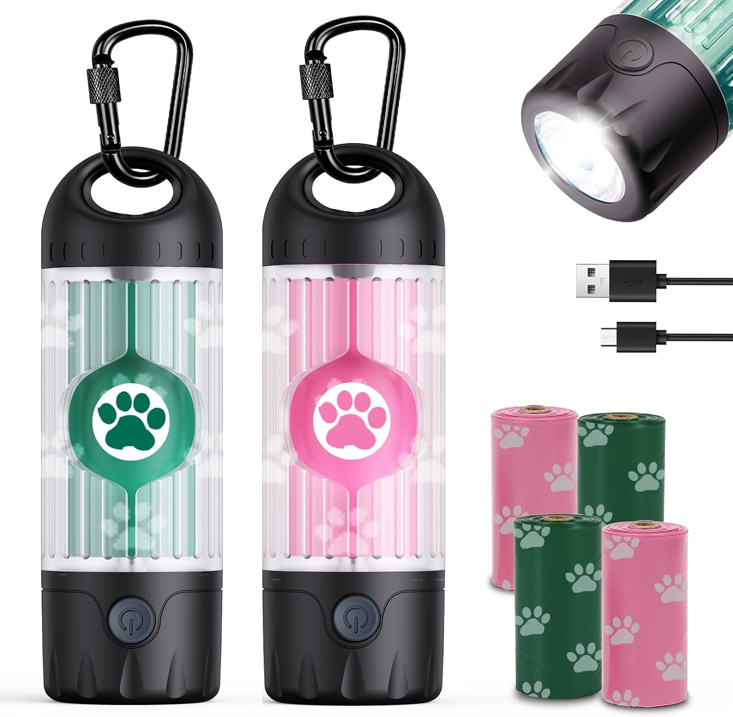 Tubasion 3-in-1 Dog Poop Bag Holder with Flashlight 7-Color, USB-C Rechargeable doggie bag holder for leash, IPX6 Waterproof Anti-Slip Clip Pet Waste Bag Dispenser for Walking (2 Dispensers, 60 Bags)