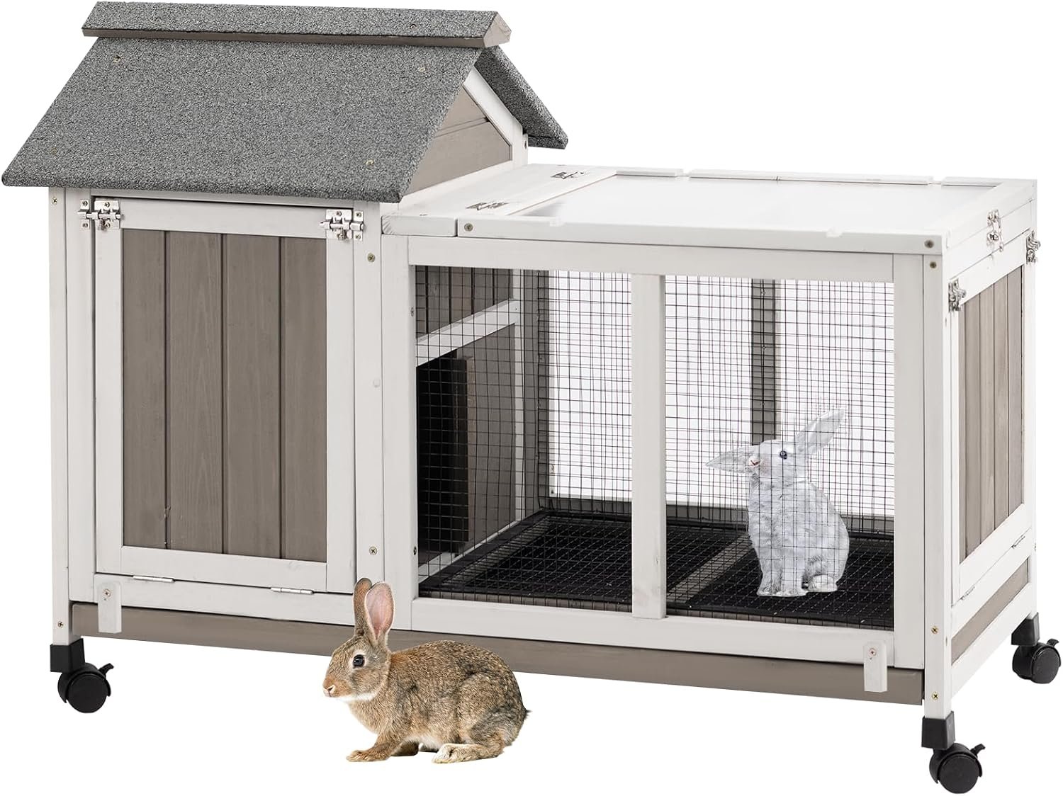 Gowoodhut 38.19″L Rabbit Hutch Indoor and Outdoor with 4 Wheels,Wooden Rabbit Cage with Pull Out Leak-Proof Tray for 1-2 Rabbits,Bunny Hutch with Asphalt Roof Suitable for Garden,Park,Living Room,Grey