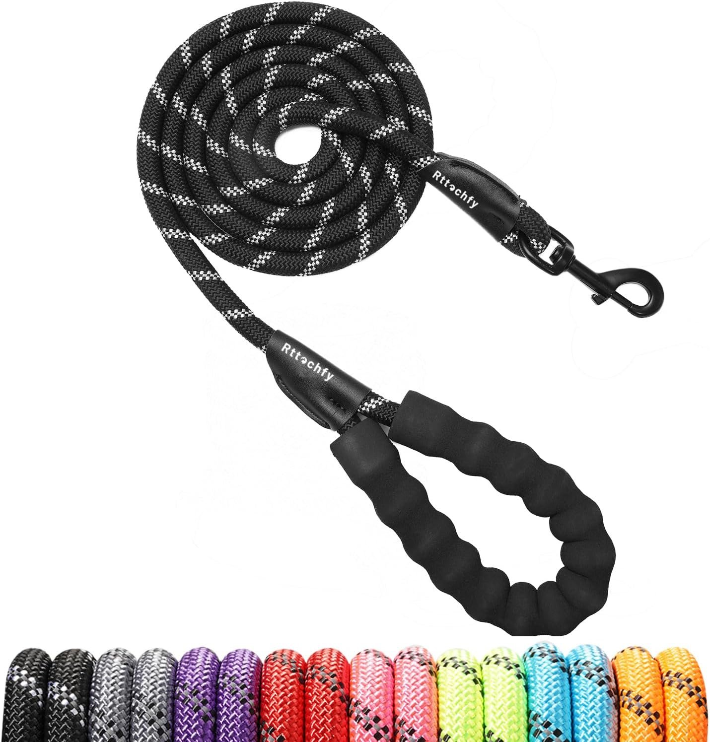 Rttochfy Rope Dog Leash 2/4/5/6/8/10 FT with Comfortable Padded Handle and Highly Reflective Threads for Small Medium and Large Dogs Heavy Duty (1/2″-10 FT, Black)