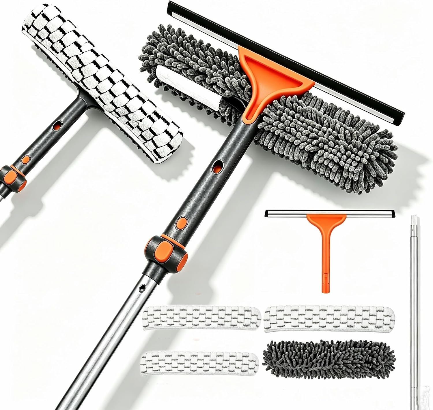 LEVELEVE 62″ Extension Pole Window Squeegee Cleaning Kit, 2-in-1 Professional Window Scraper and Washer Tool with Bendable Head, Multi-Surface Cleaning for High Glass, Car, Mirror, and Outdoor Windows