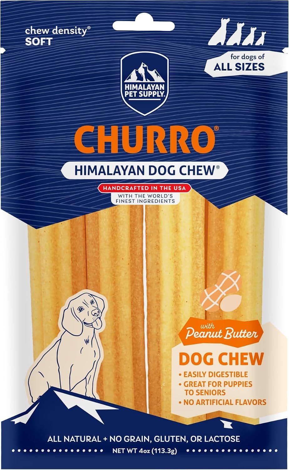 Himalayan Dog Chew Churro, Soft Yak Cheese Treat, Peanut Butter, 4 Sticks