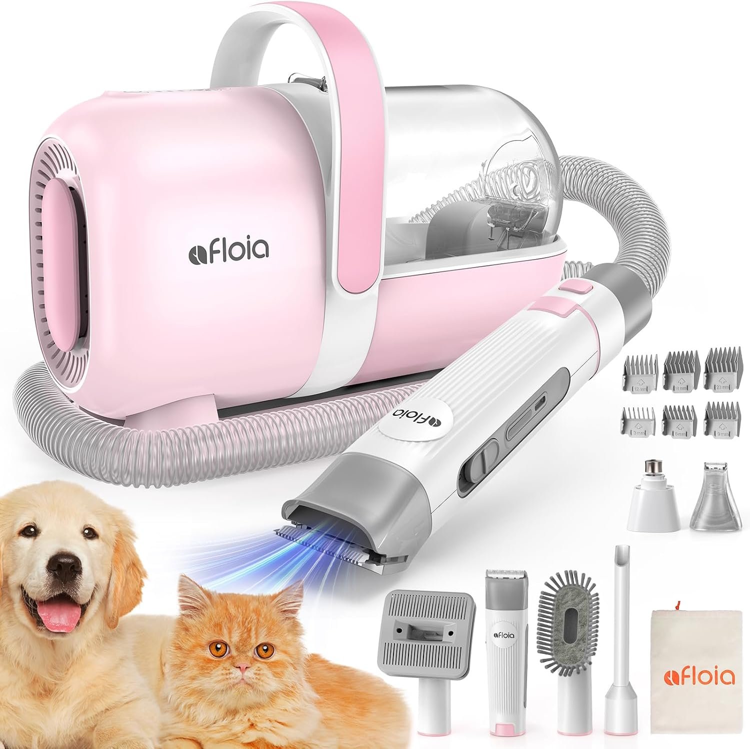 Afloia 6-in-1 Dog Grooming Kit, Pet Grooming Vacuum for Shedding, Dog Hair Vacuum with Clipper Nail Trimmer Grinder, Pet Brush Groomer at Home, Low Noise Cats Hair Remover, 1.5L Dust Cup, Pink
