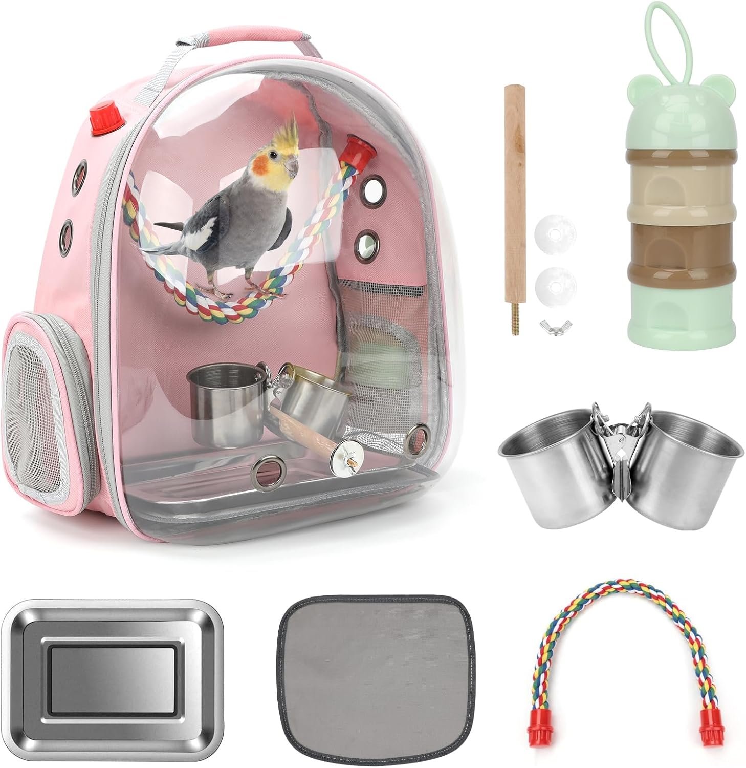 Rypet Bird Backpack Carrier, Bird Travel Cage for Parrots with Tray(Pink)