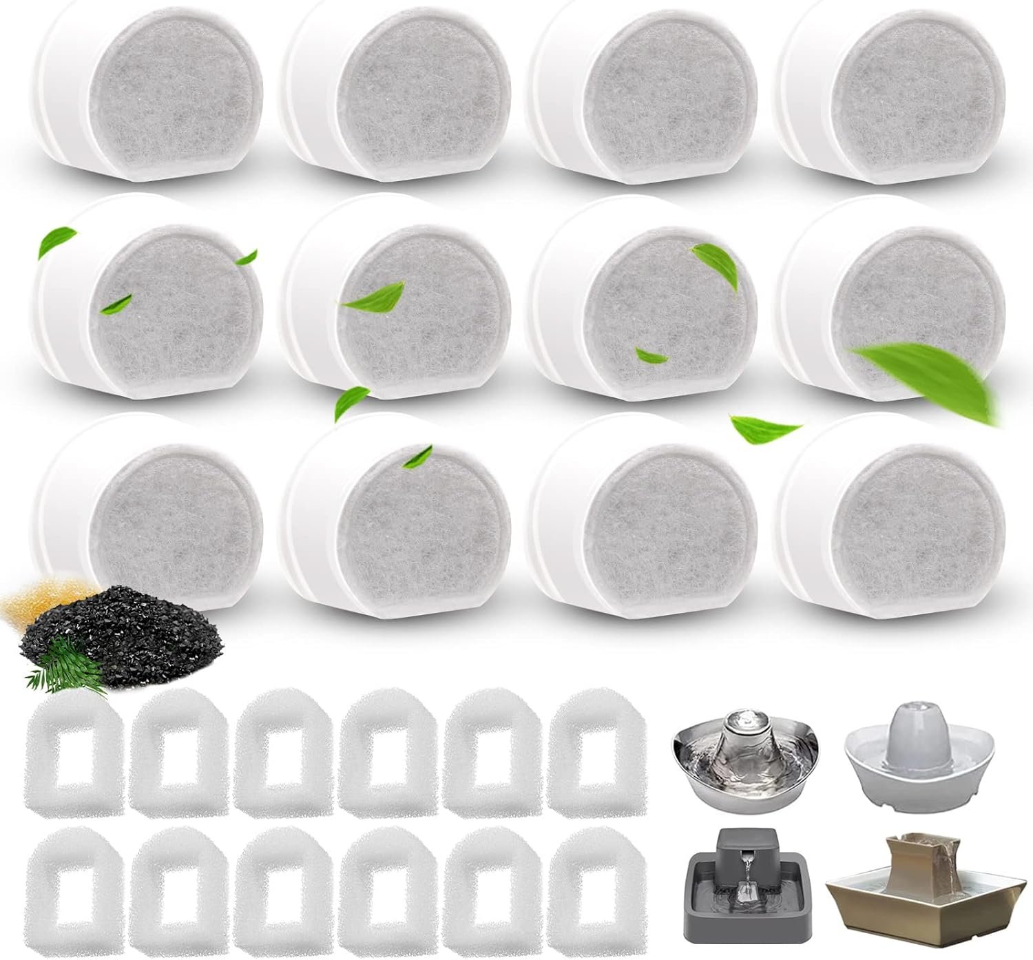 24 Pack Pet Fountain Replacement Filters, 12 Carbon and 12 Foam Pre-Filters