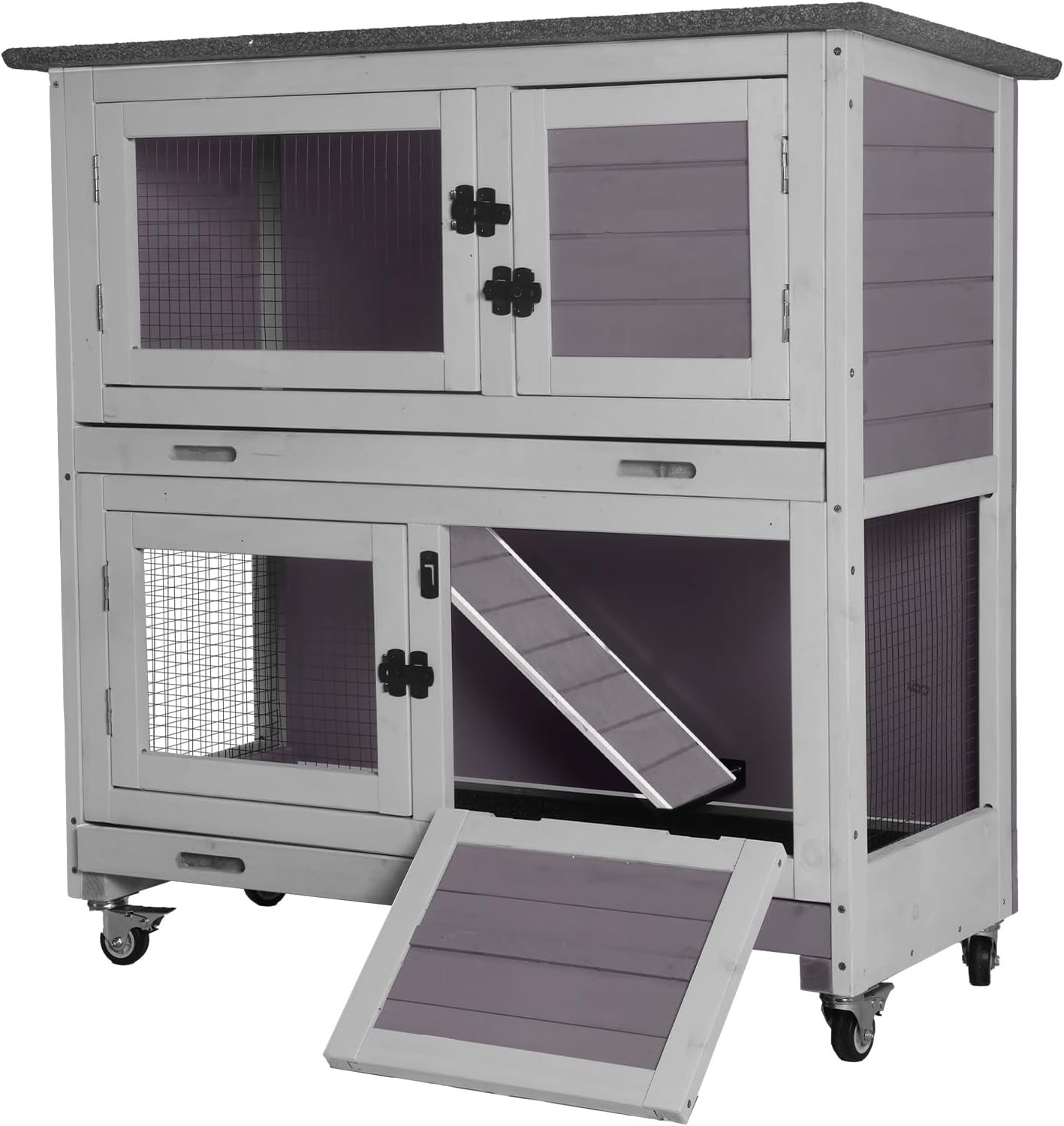 GUTINNEEN Rabbit Hutch Indoor Mobile Outdoor Bunny Cage with Openable Middle Door, Two Story Guinea Pig Cage with Wheels, 36″ L x 17.7″ W x 36.4″ H Grey