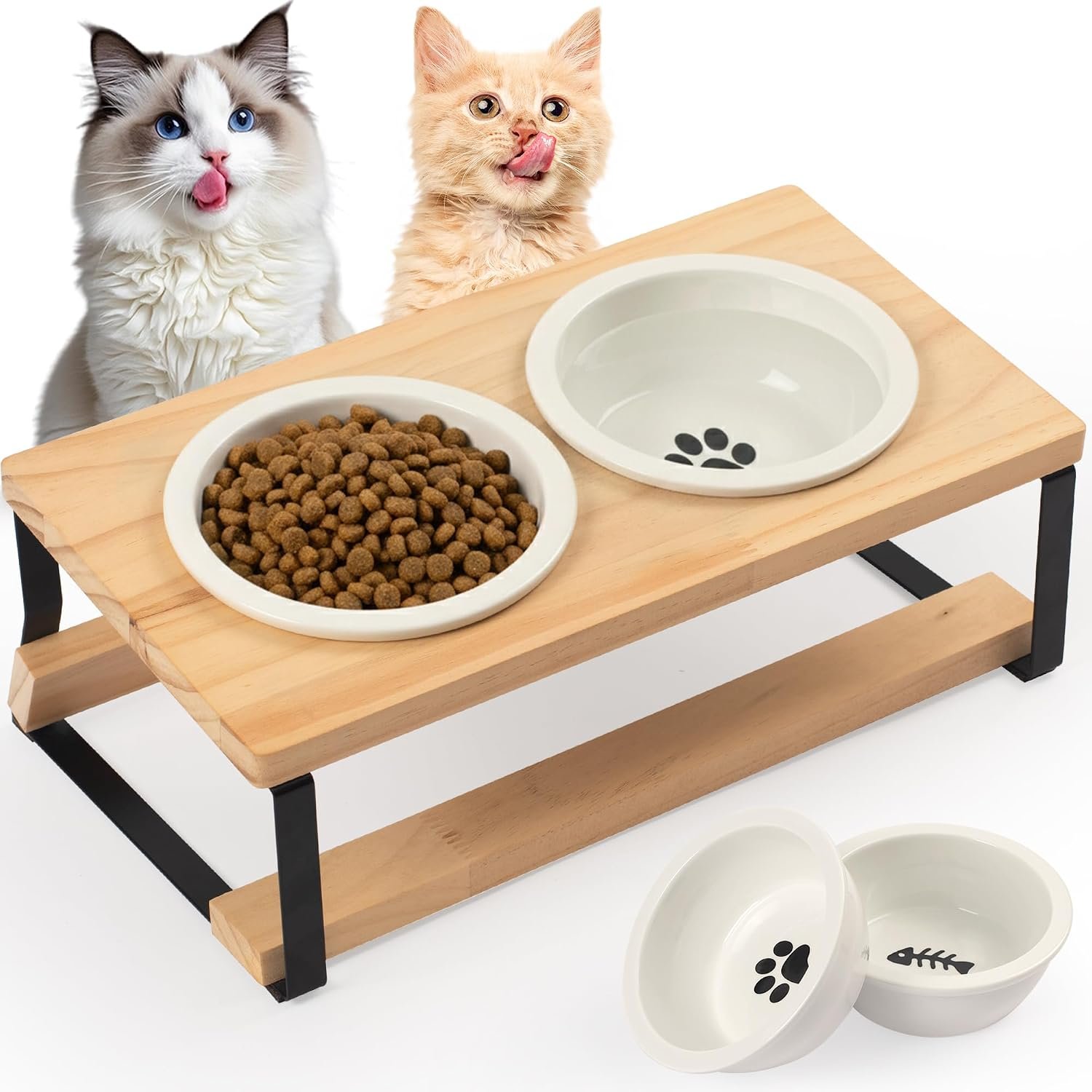 getlstub Elevated Cat Bowls with Wood Stand – Raised Cat Food and Water Bowls for Indoor Cats & Small Dogs, 15°Tilted High Ceramic Anti-Vomit Pet Feeder, Whisker Fatigue Friendly