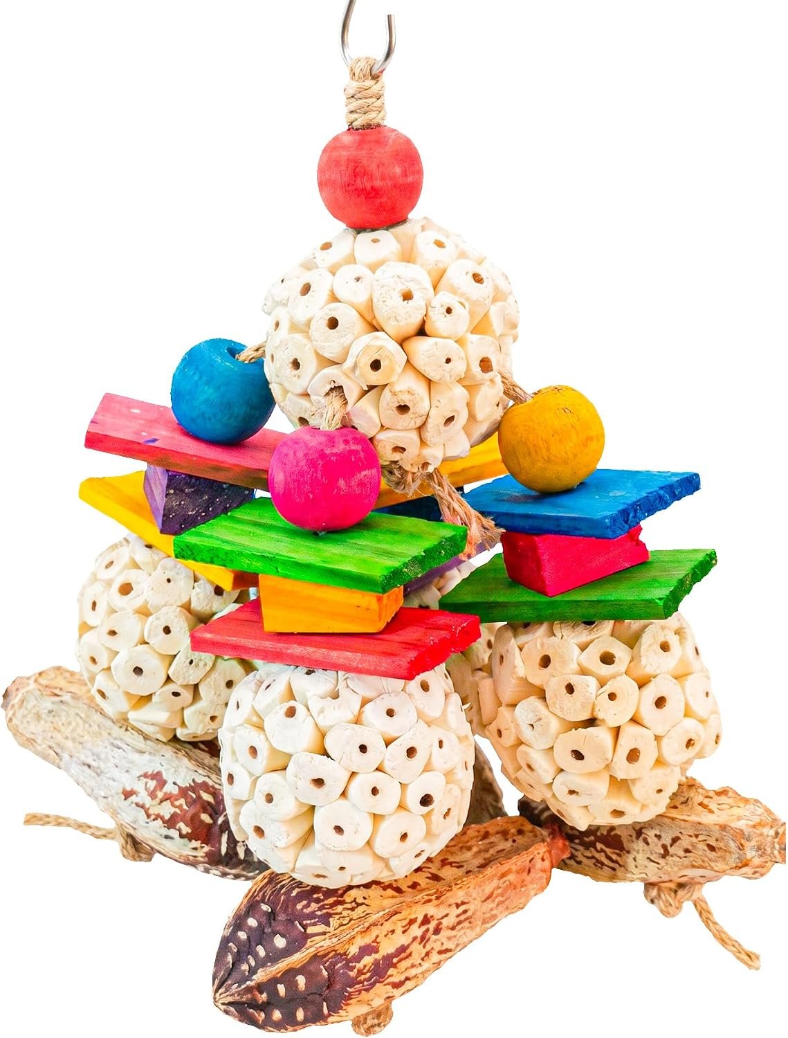 Natural Bird Foraging Toy – Shredding and Chewing Parrot Toy with Sola Balls, Pecan Shells, and Colorful Wooden Blocks for Cockatiels, Conures, Budgies, and Lovebirds