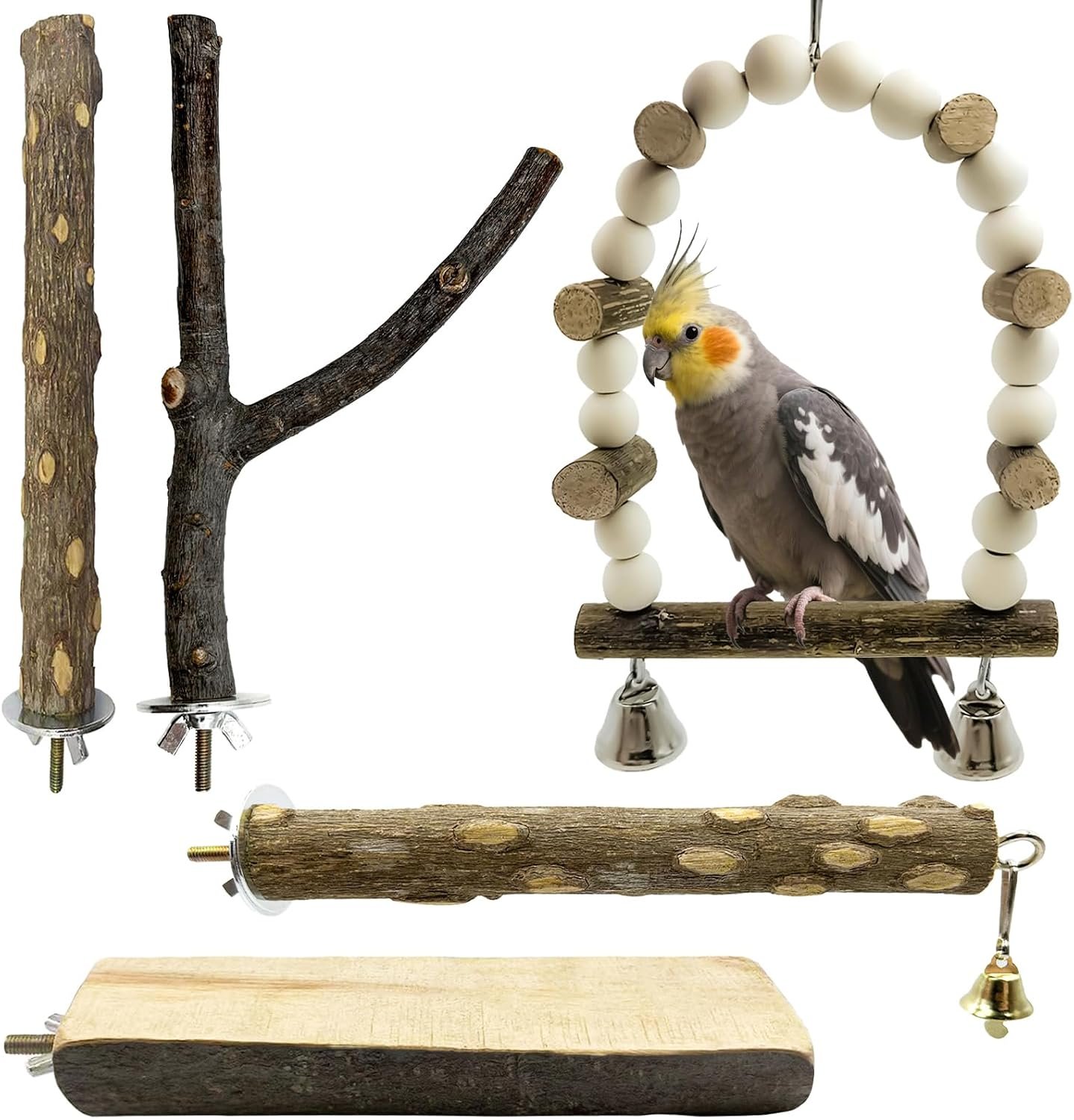 5Pcs Natural Wooden Bird Perch Set – Parrot Perch Toys, Bird Cage Perches, Cage Accessories for Budgies, Cockatiels, Lovebirds, Finches, and Other Small to Medium Birds