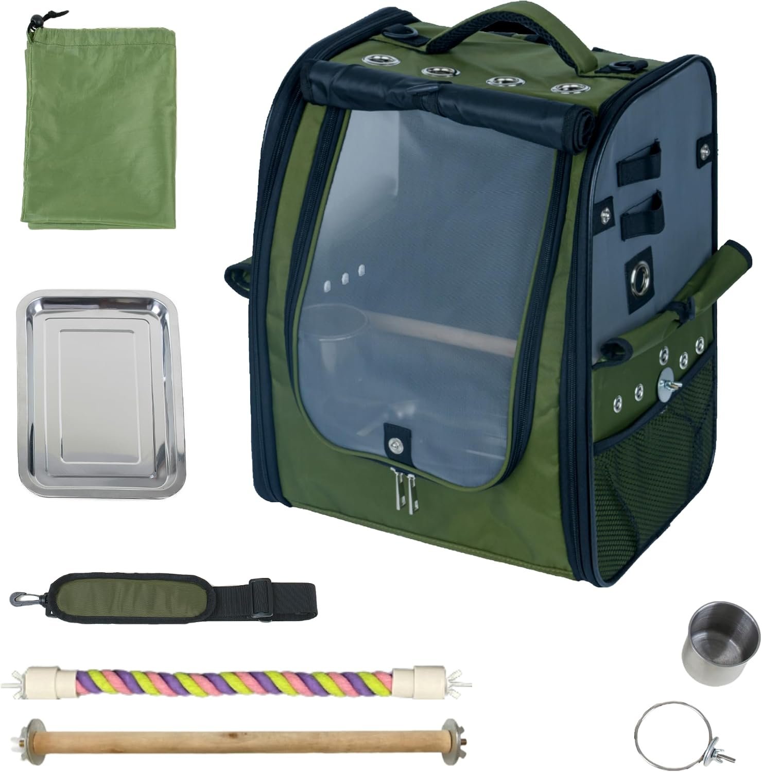 Birds Day Bird Carrier Backpack – Breathable Mesh Portable Parrot Travel Cage with 2PCS Perch, Food Bowl, and Stainless Steel Tray (Dark Olive Green)